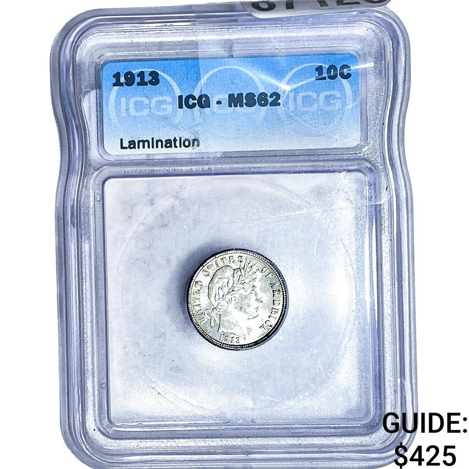 1913 Barber Dime ICG MS62 Lamination: 1913 Barber Dime ICG MS62 Lamination