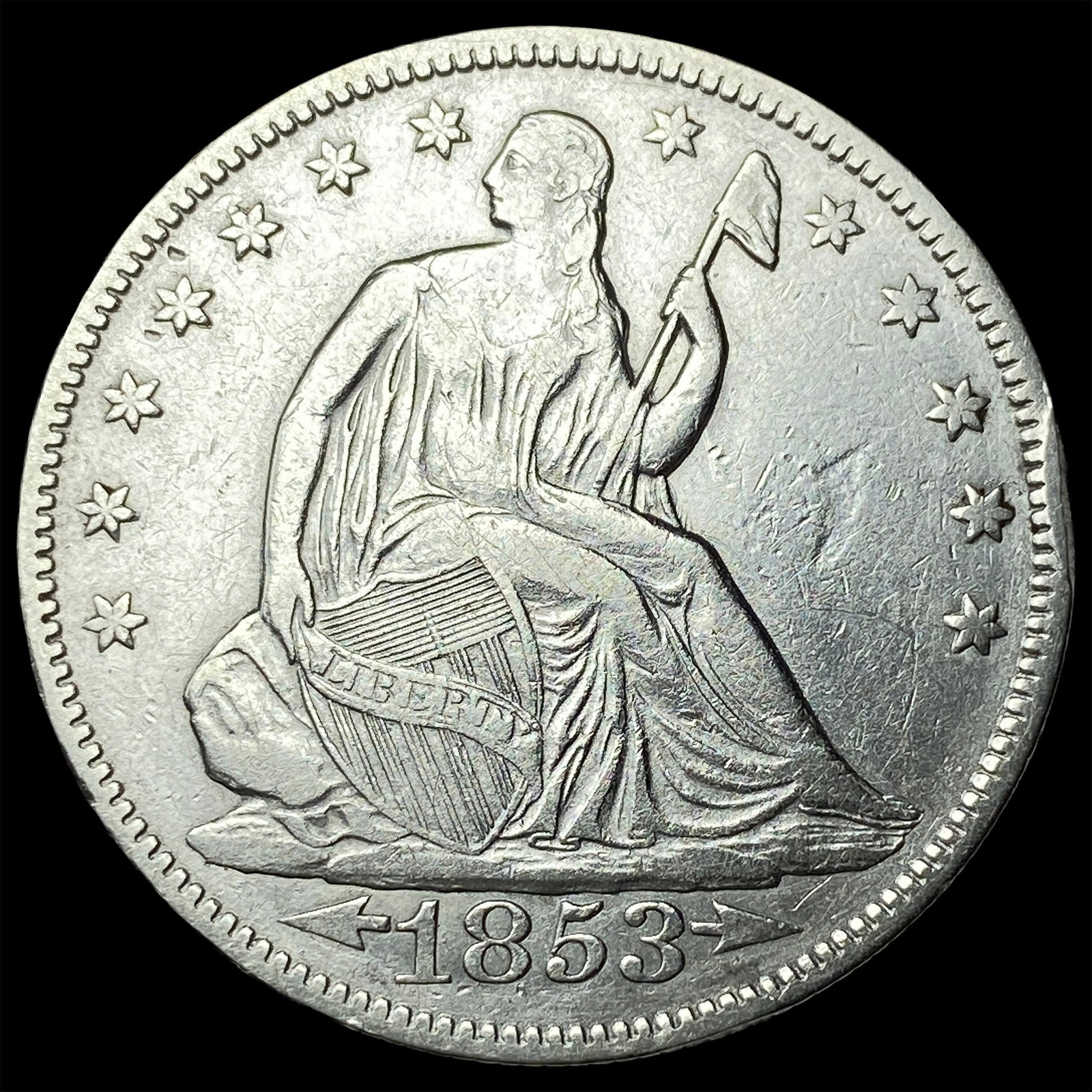 1853 Arrows/Rays Seated Liberty Half Dollar NEARLY UNCIRCULATED: 1853 Arrows/Rays Seated Liberty Half Dollar NEARLY UNCIRCULATED