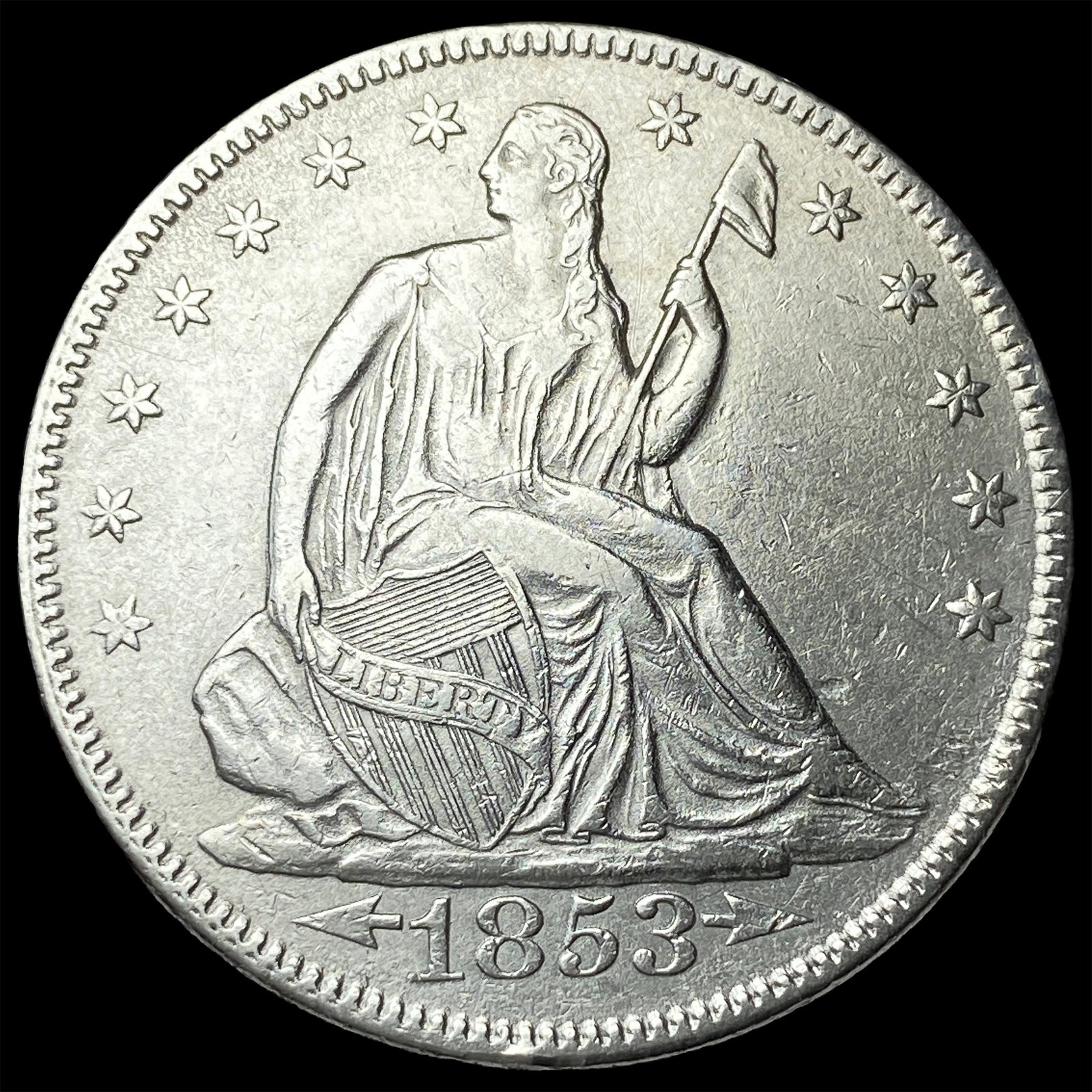1853 Arrows/Rays Seated Liberty Half Dollar CLOSELY UNCIRCULATED: 1853 Arrows/Rays Seated Liberty Half Dollar CLOSELY UNCIRCULATED