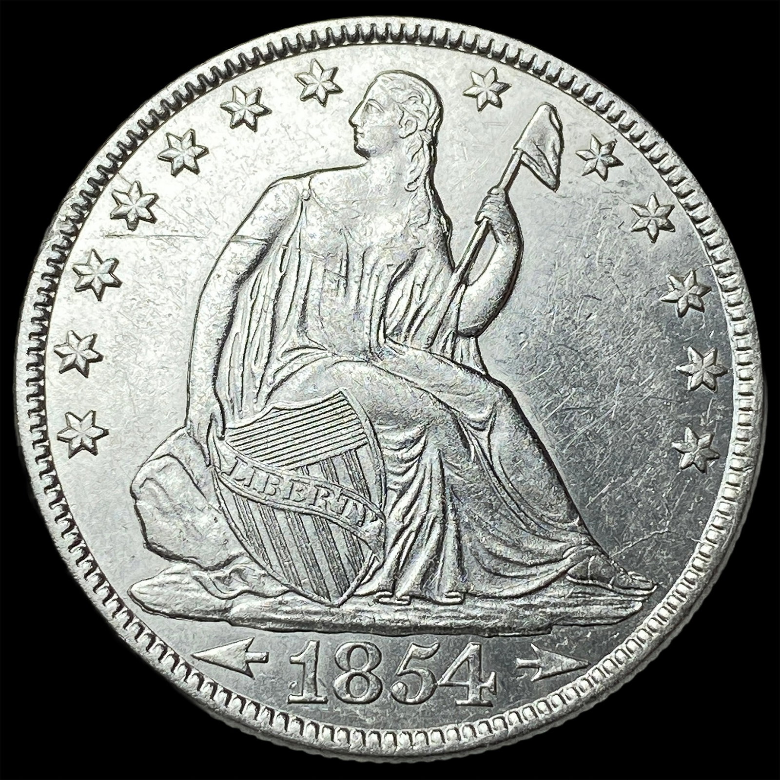 1854-O Arrows Seated Silver Half Dollar CLOSELY UNCIRCULATED: 1854-O Arrows Seated Silver Half Dollar CLOSELY UNCIRCULATED