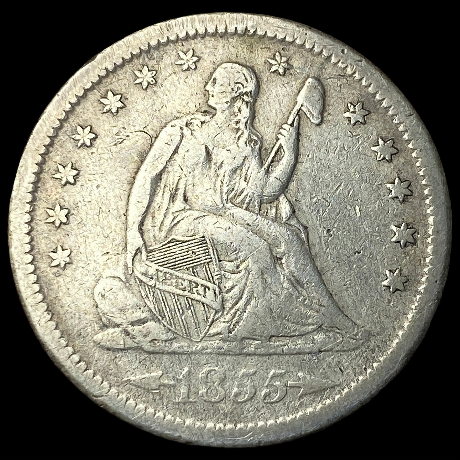 1855-S Arrows Silver Seated Liberty Quarter ABOUT UNCIRCULATED: 1855-S Arrows Silver Seated Liberty Quarter ABOUT UNCIRCULATED