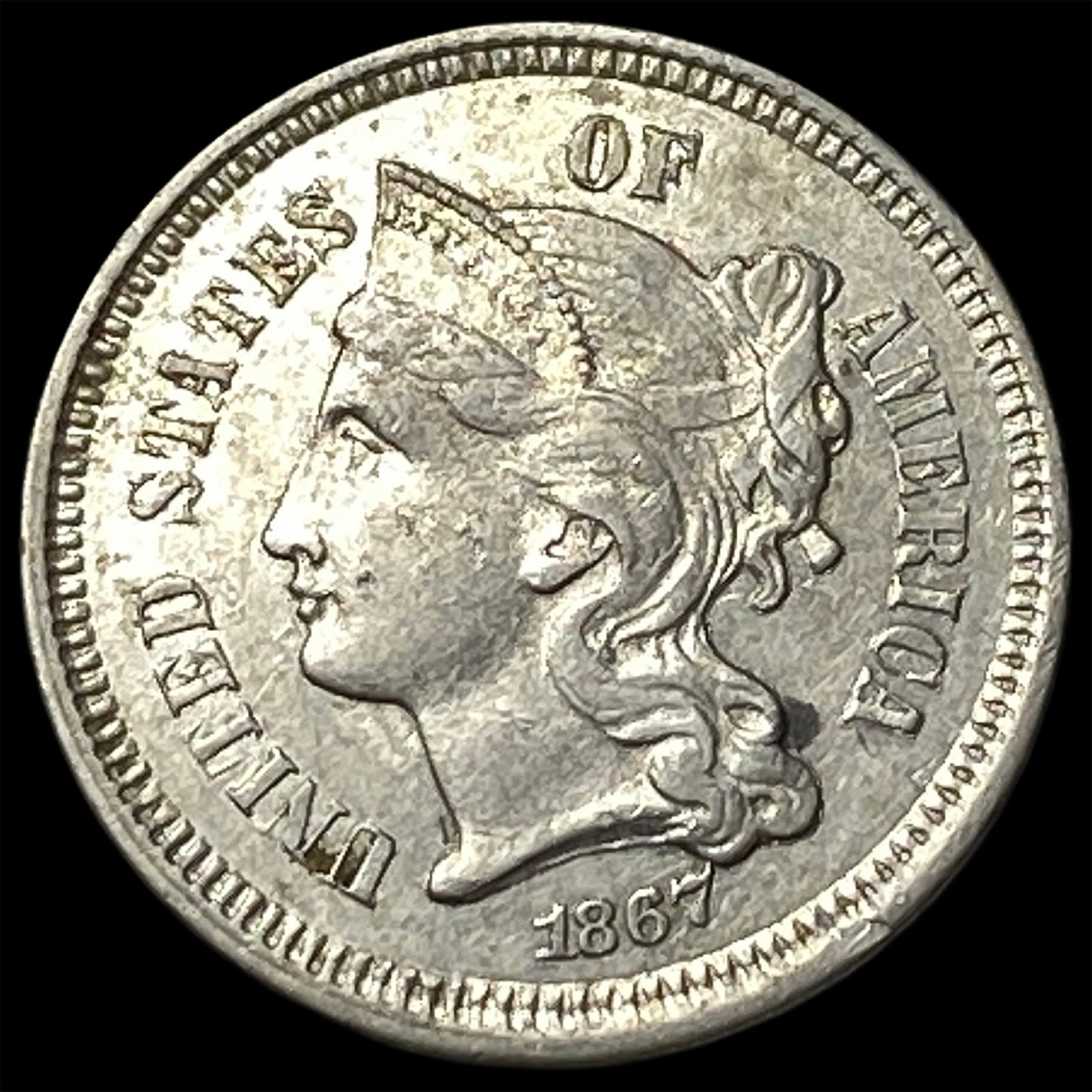 1867 Nickel Three-Cent Piece CHOICE AU: 1867 Nickel Three-Cent Piece CHOICE AU