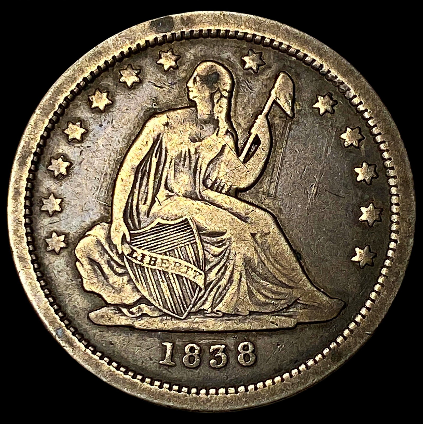 1838 Silver Seated Liberty Quarter LIGHTLY CIRCULATED: 1838 Silver Seated Liberty Quarter LIGHTLY CIRCULATED
