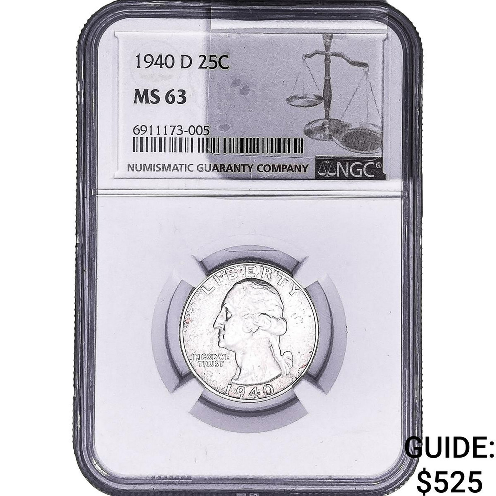 1940-D Washington Silver Quarter NGC MS63: 1940-D Washington Silver Quarter NGC MS63