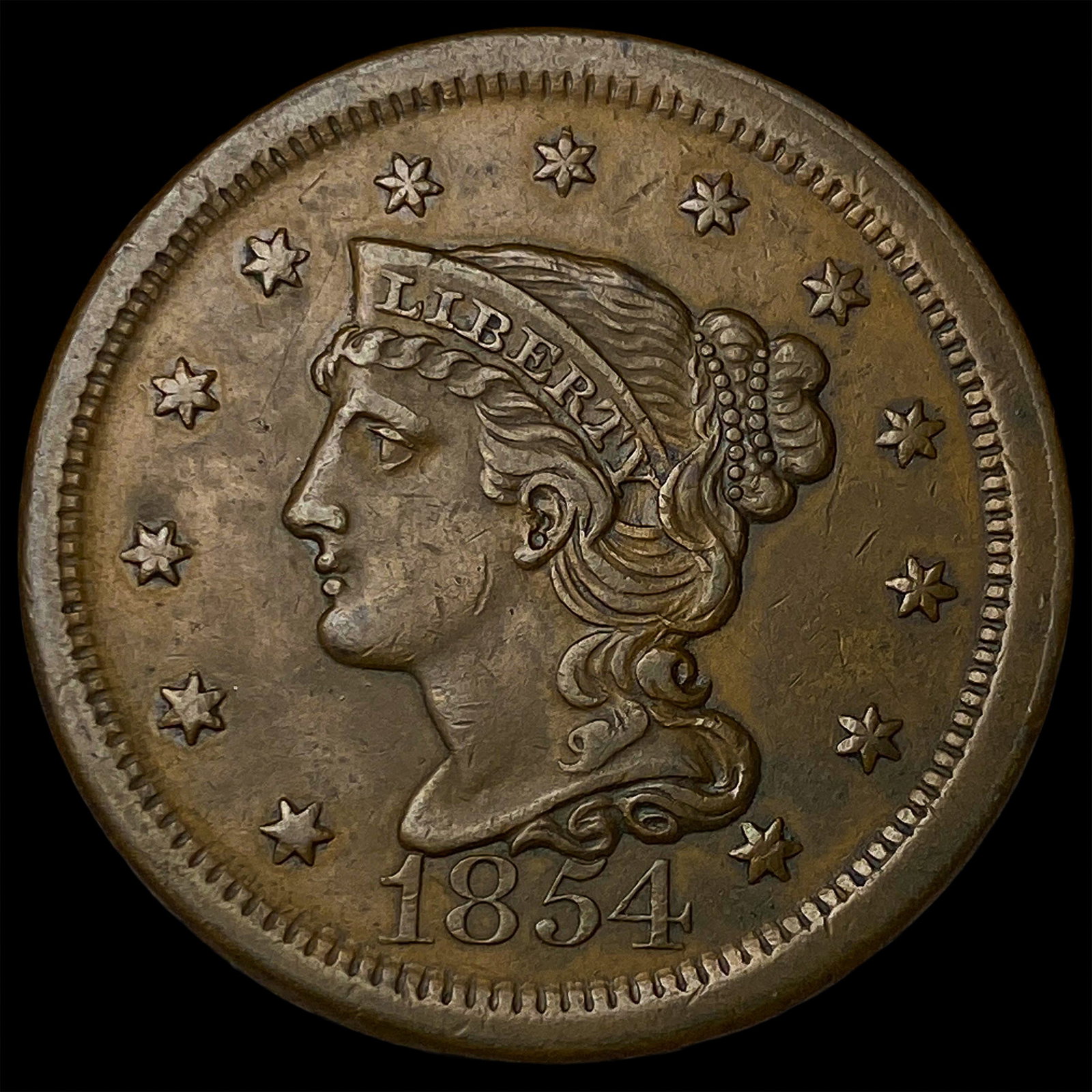 1854 Braided Hair Large Cent CLOSELY UNCIRCULATED (1 of 2)