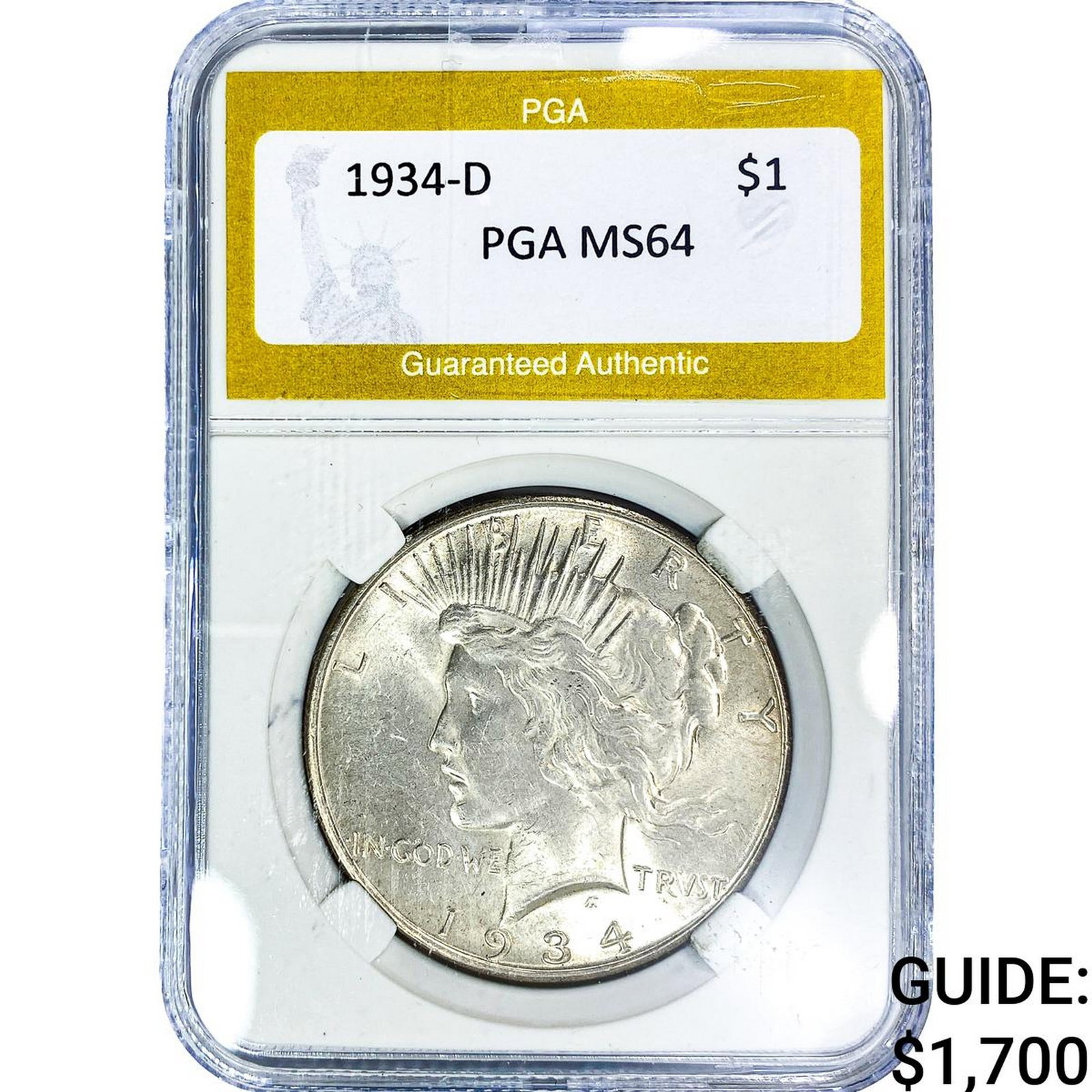 1934-D Silver Peace Dollar PGA MS64: 1934-D Silver Peace Dollar PGA MS64