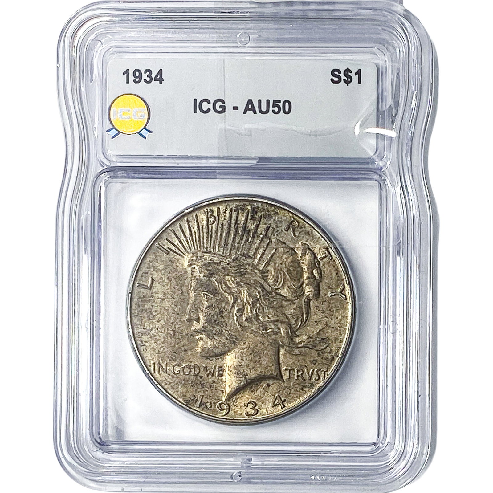 1934 Silver Peace Dollar ICG AU50: 1934 Silver Peace Dollar ICG AU50