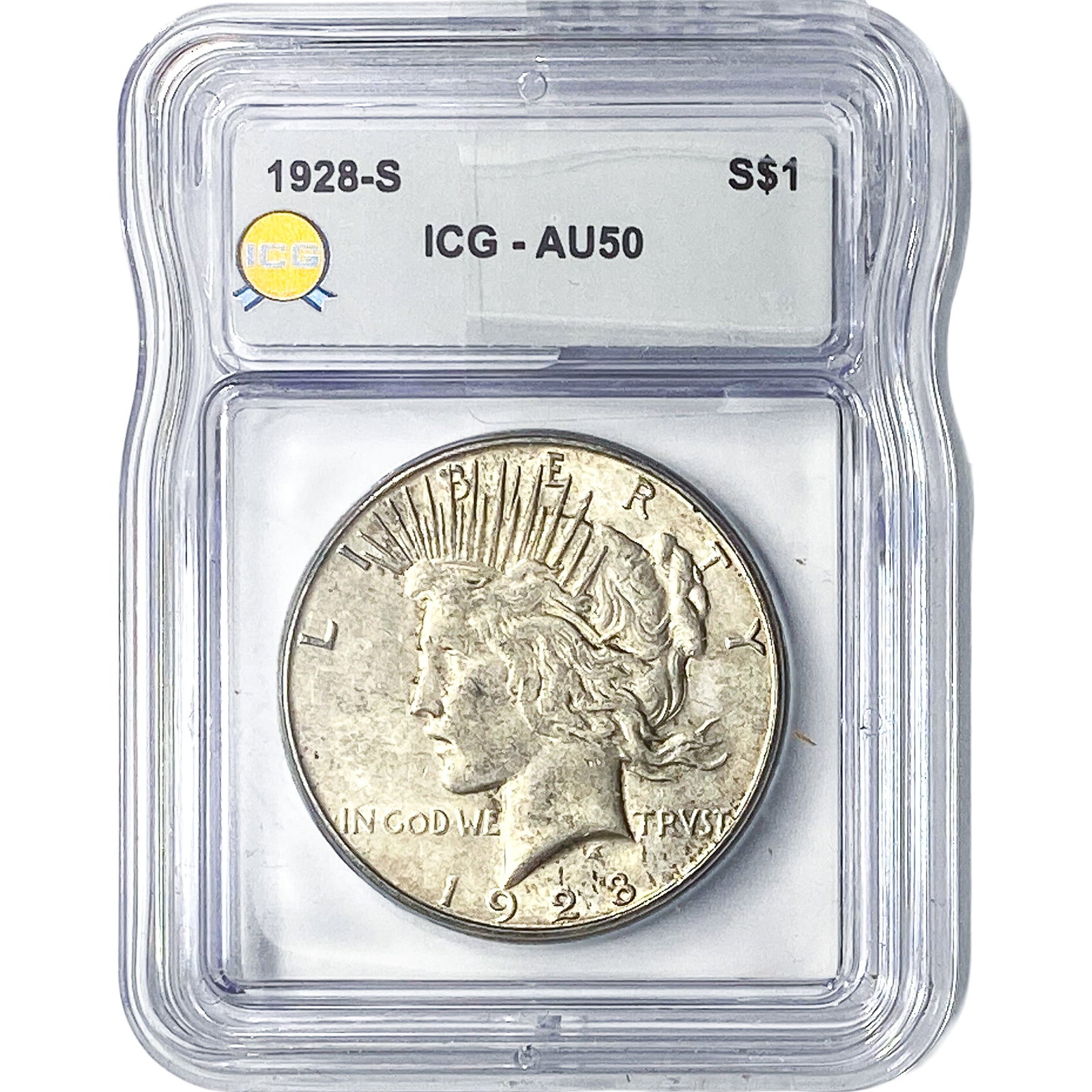 1928-S Silver Peace Dollar ICG AU50: 1928-S Silver Peace Dollar ICG AU50