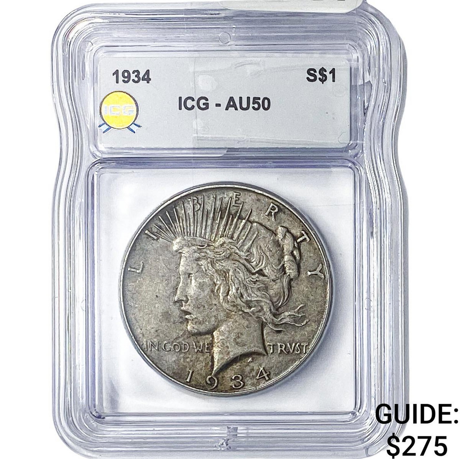 1934 Silver Peace Dollar ICG AU50: 1934 Silver Peace Dollar ICG AU50