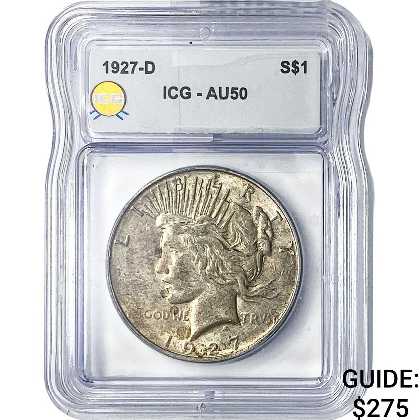 1927-D Silver Peace Dollar ICG AU50: 1927-D Silver Peace Dollar ICG AU50
