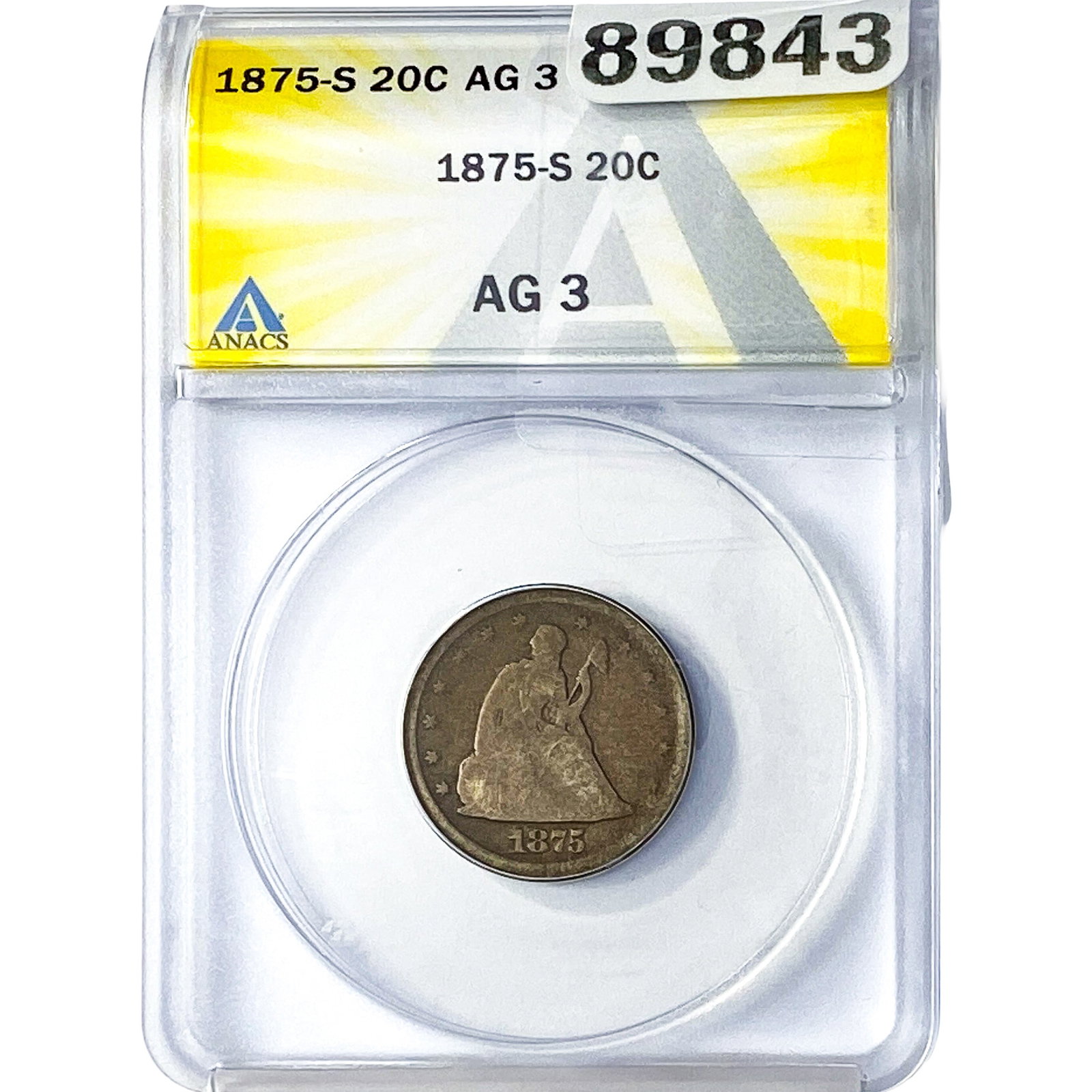 1875-S Liberty Seated 20C ANACS AG3: 1875-S Liberty Seated 20C ANACS AG3