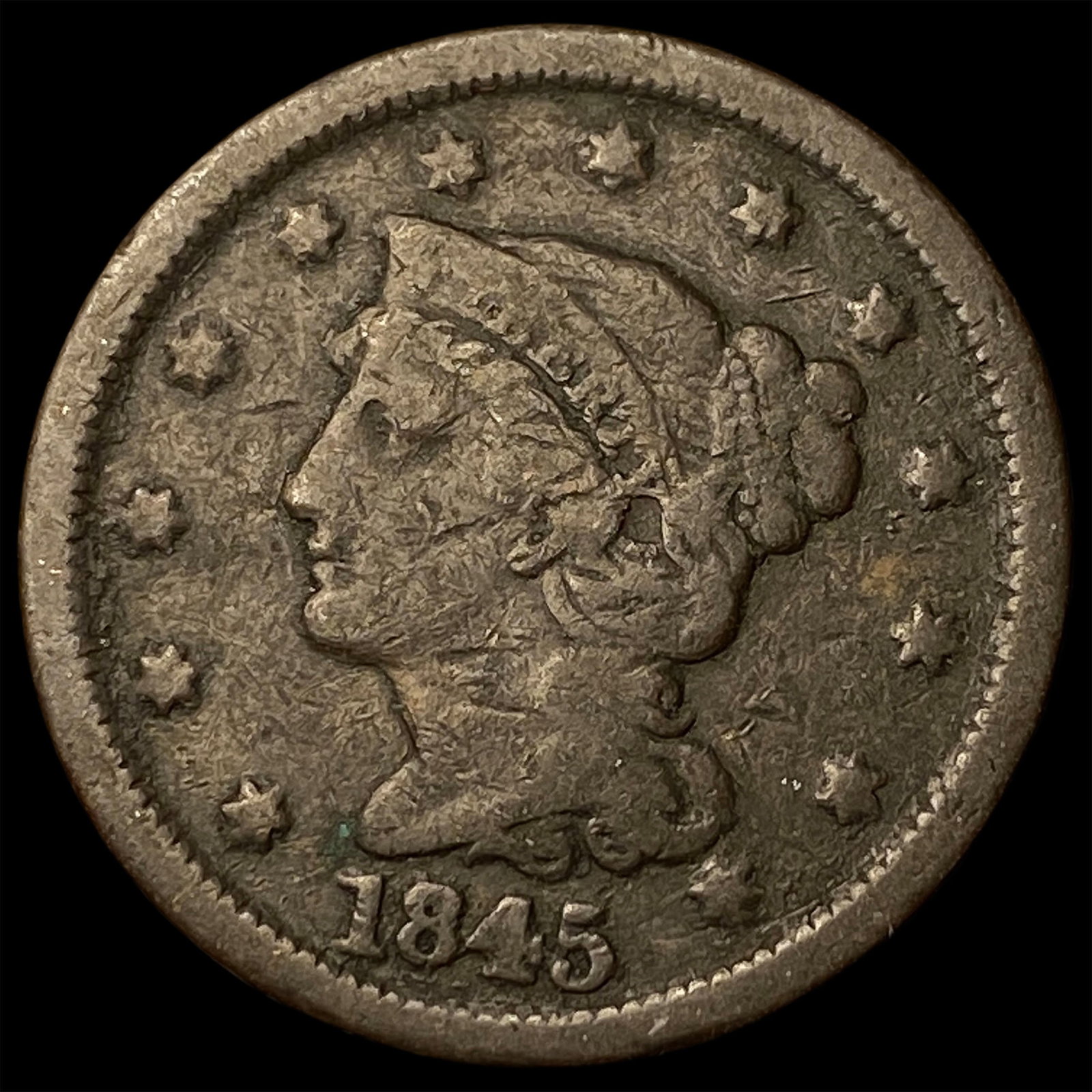 1845 Braided Hair Large Cent NICELY CIRCULATED: 1845 Braided Hair Large Cent NICELY CIRCULATED