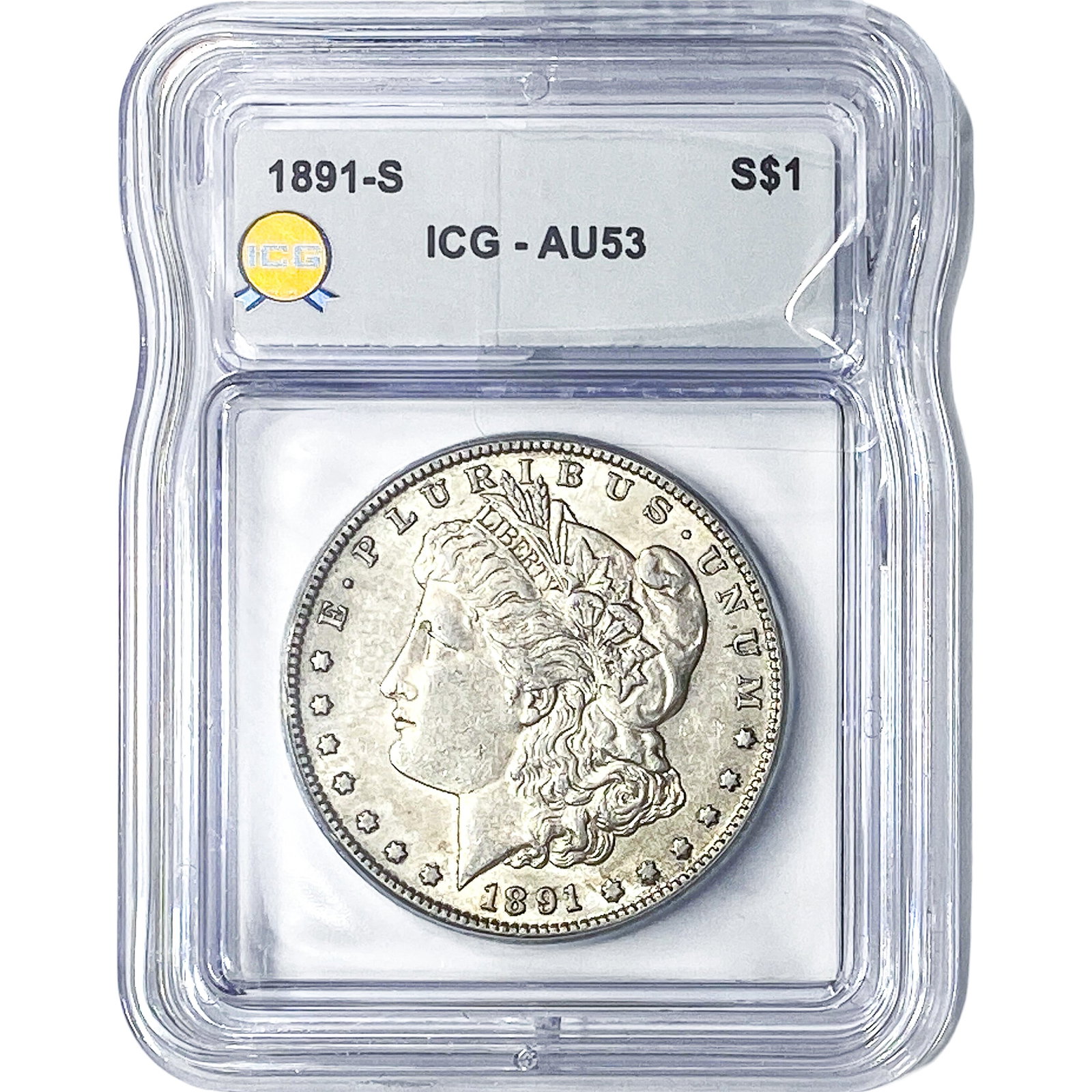1891-S Morgan Silver Dollar ICG AU53: 1891-S Morgan Silver Dollar ICG AU53