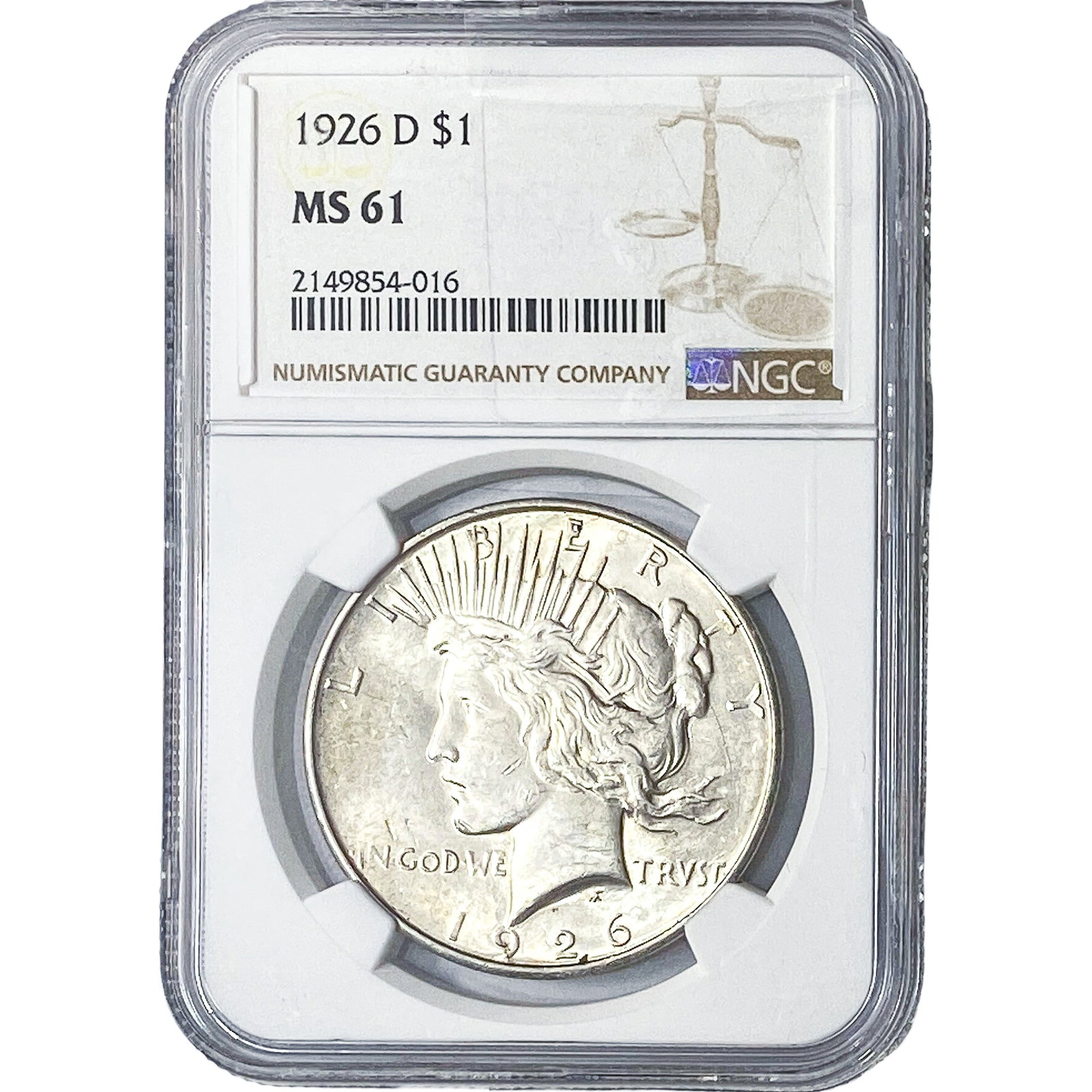 1926-D Silver Peace Dollar NGC MS61: 1926-D Silver Peace Dollar NGC MS61