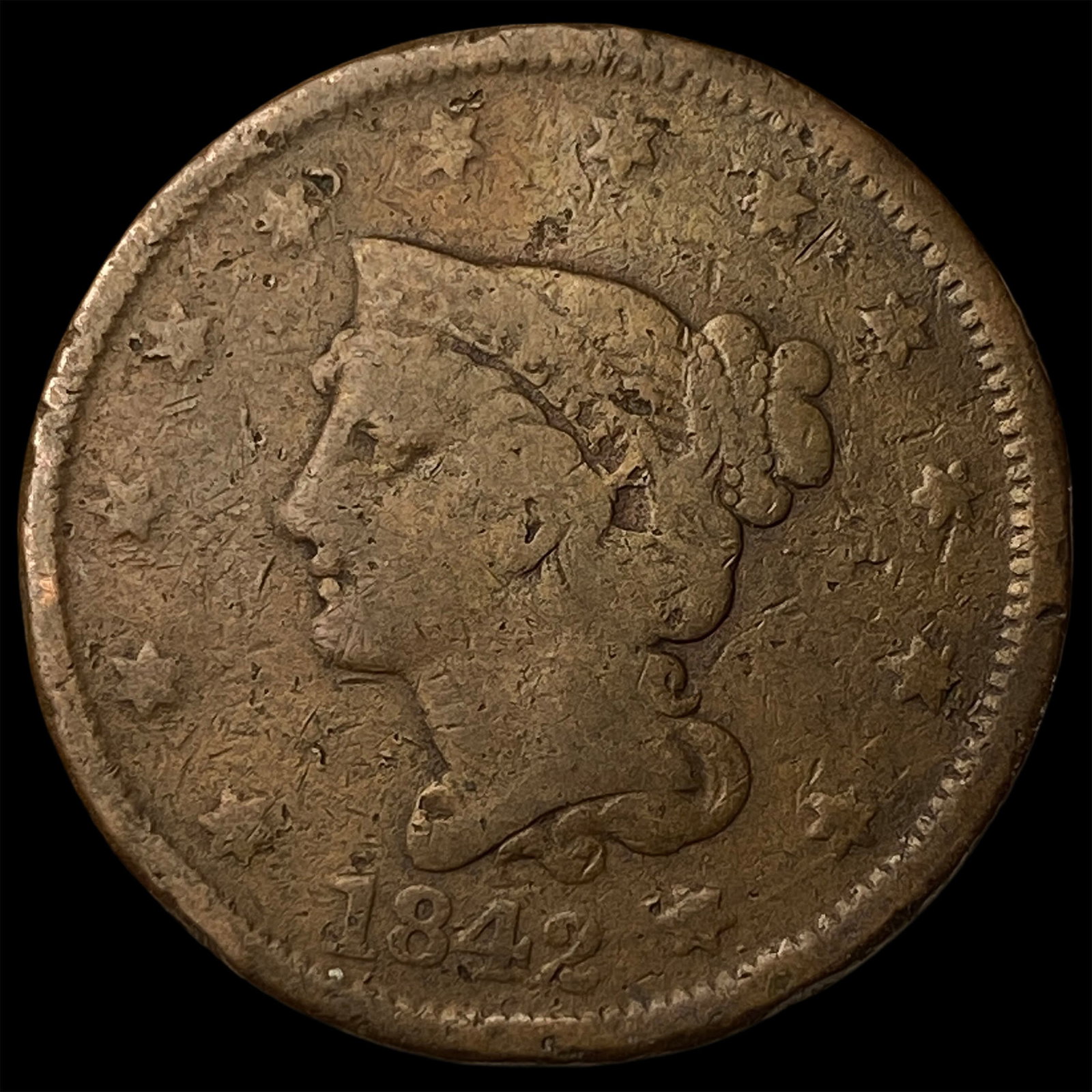 1842 Braided Hair Large Cent NICELY CIRCULATED: 1842 Braided Hair Large Cent NICELY CIRCULATED