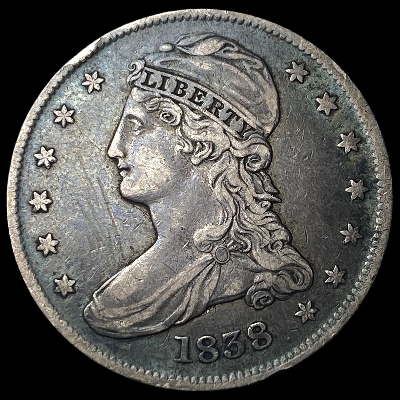 1838 Silver Half Dollar (Capped Bust) ABOUT UNCIRCULATED: 1838 Silver Half Dollar (Capped Bust) ABOUT UNCIRCULATED