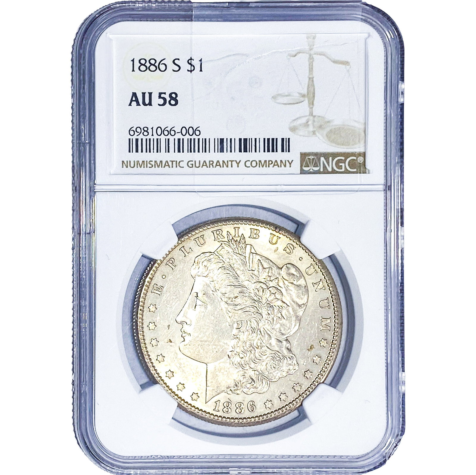 1886-S Morgan Silver Dollar NGC AU58: 1886-S Morgan Silver Dollar NGC AU58