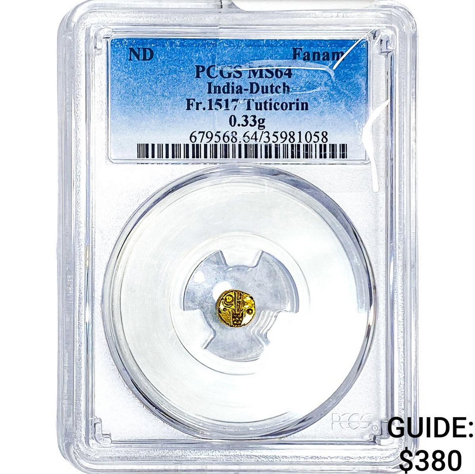 India-Dutch Gold .33g Fanam Fr.1517 Tuticorin PCGS (1 of 2)