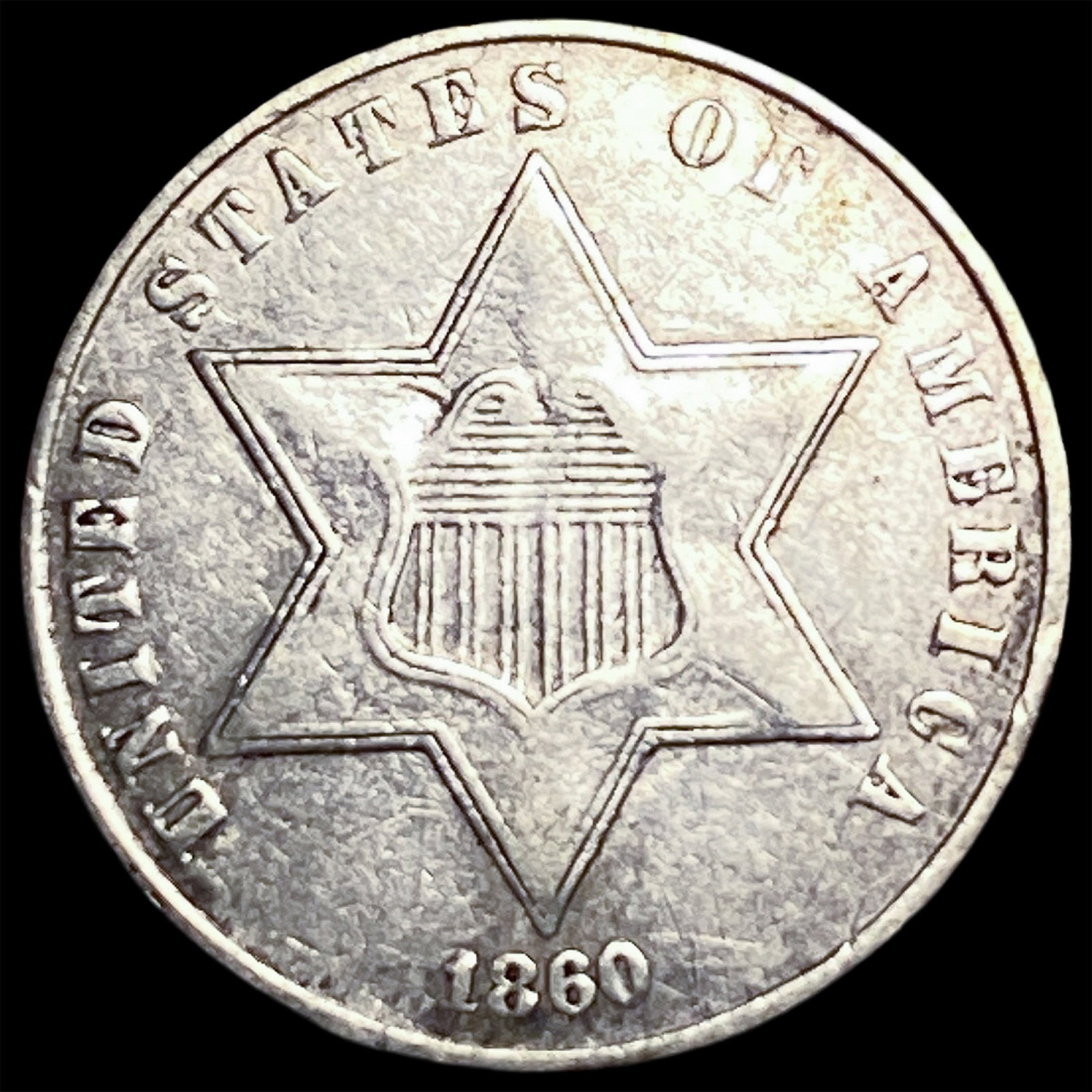 1860 Silver Three-Cent Piece NEARLY UNCIRCULATED: 1860 Silver Three-Cent Piece NEARLY UNCIRCULATED