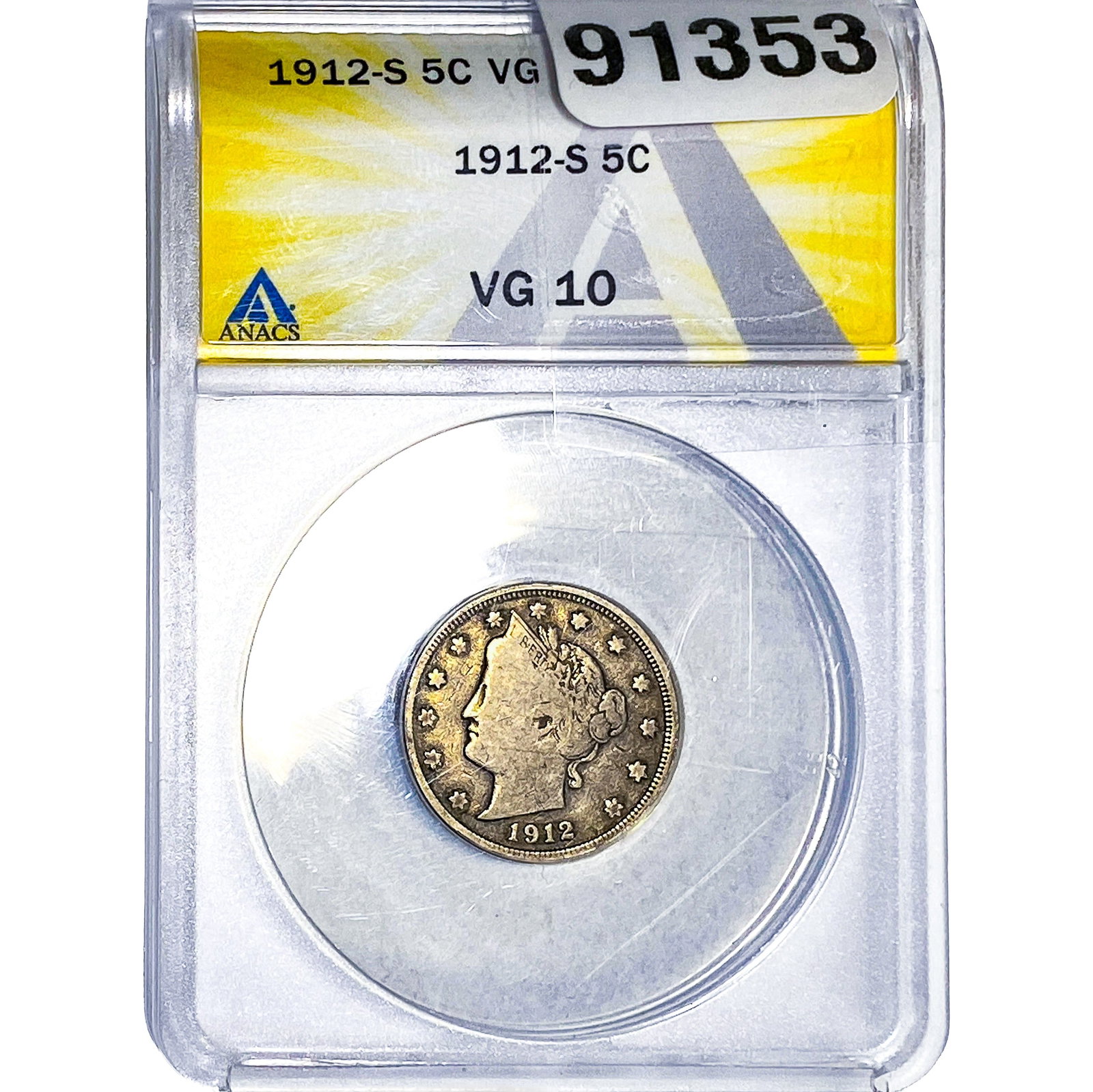 1912-S Liberty Victory Nickel ANACS VG10: 1912-S Liberty Victory Nickel ANACS VG10