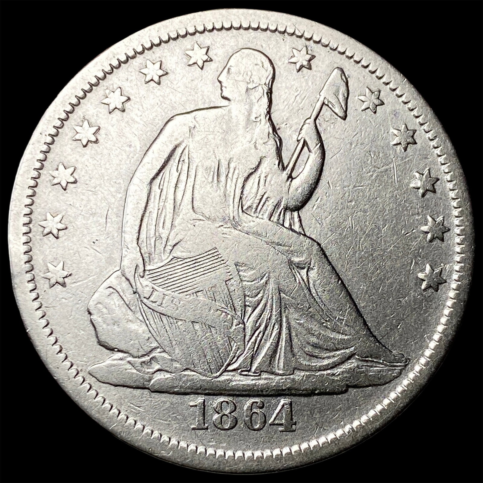 1864-S Silver Seated Liberty Half Dollar ABOUT UNCIRCULATED: 1864-S Silver Seated Liberty Half Dollar ABOUT UNCIRCULATED