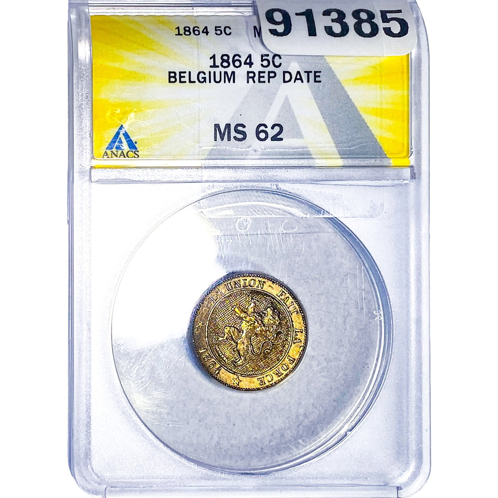 1864 5C Belgium Rep Date ANACS MS62 (1 of 2)