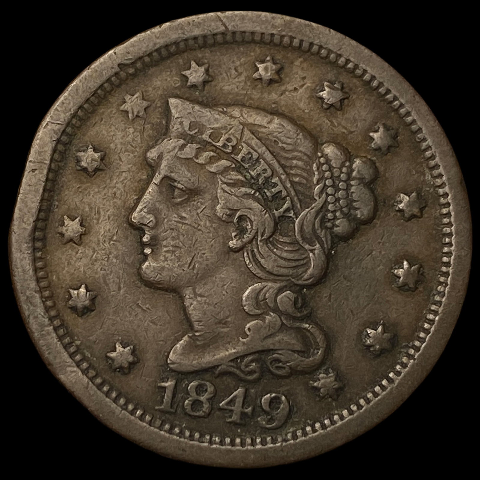 1849 Braided Hair Large Cent NEARLY UNCIRCULATED (1 of 2)