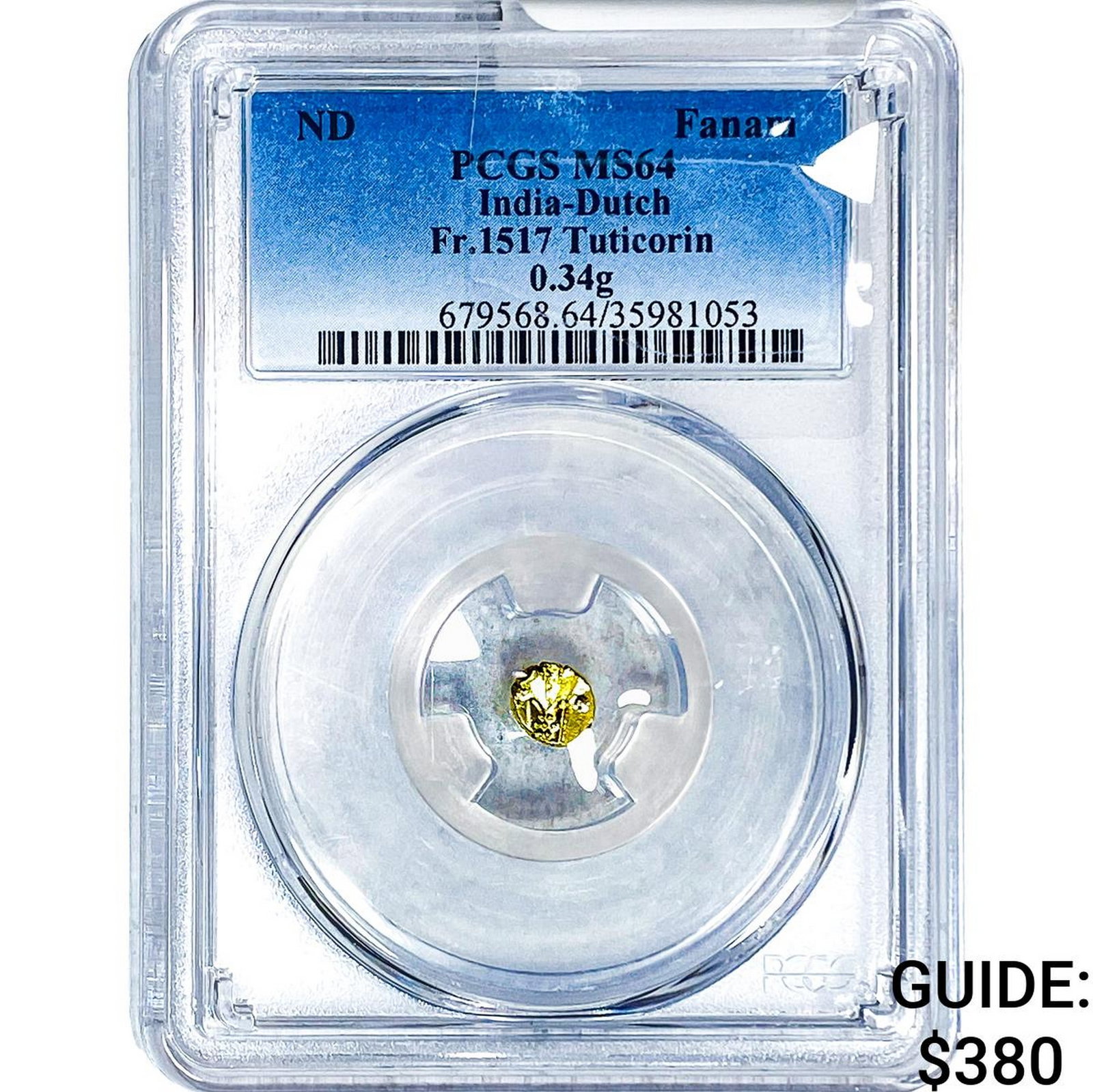 India-Dutch Gold .34g Fanam Fr.1517 Tuticorin PCGS: India-Dutch Gold .34g Fanam Fr.1517 Tuticorin PCGS