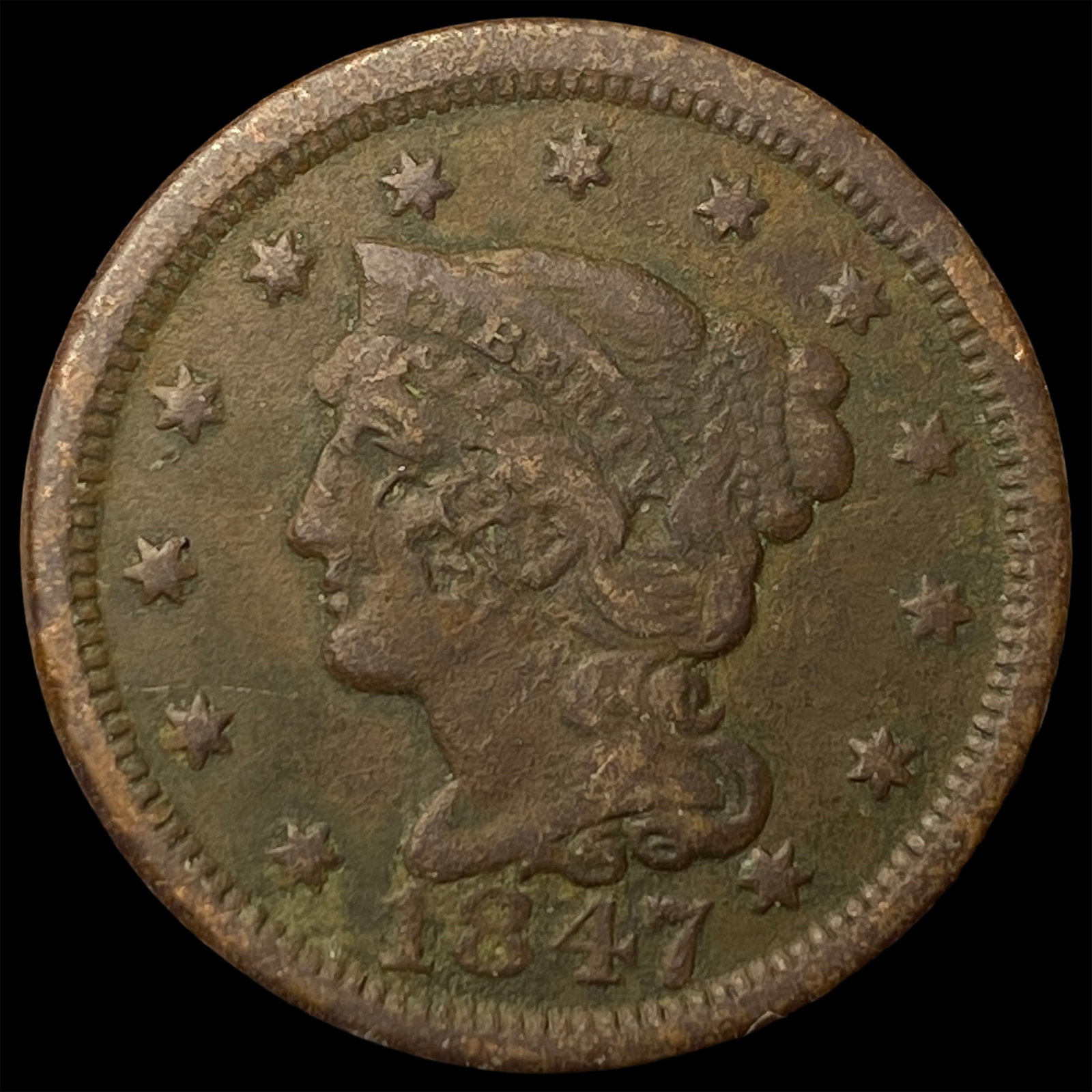 1847 Braided Hair Large Cent NEARLY UNCIRCULATED (1 of 2)