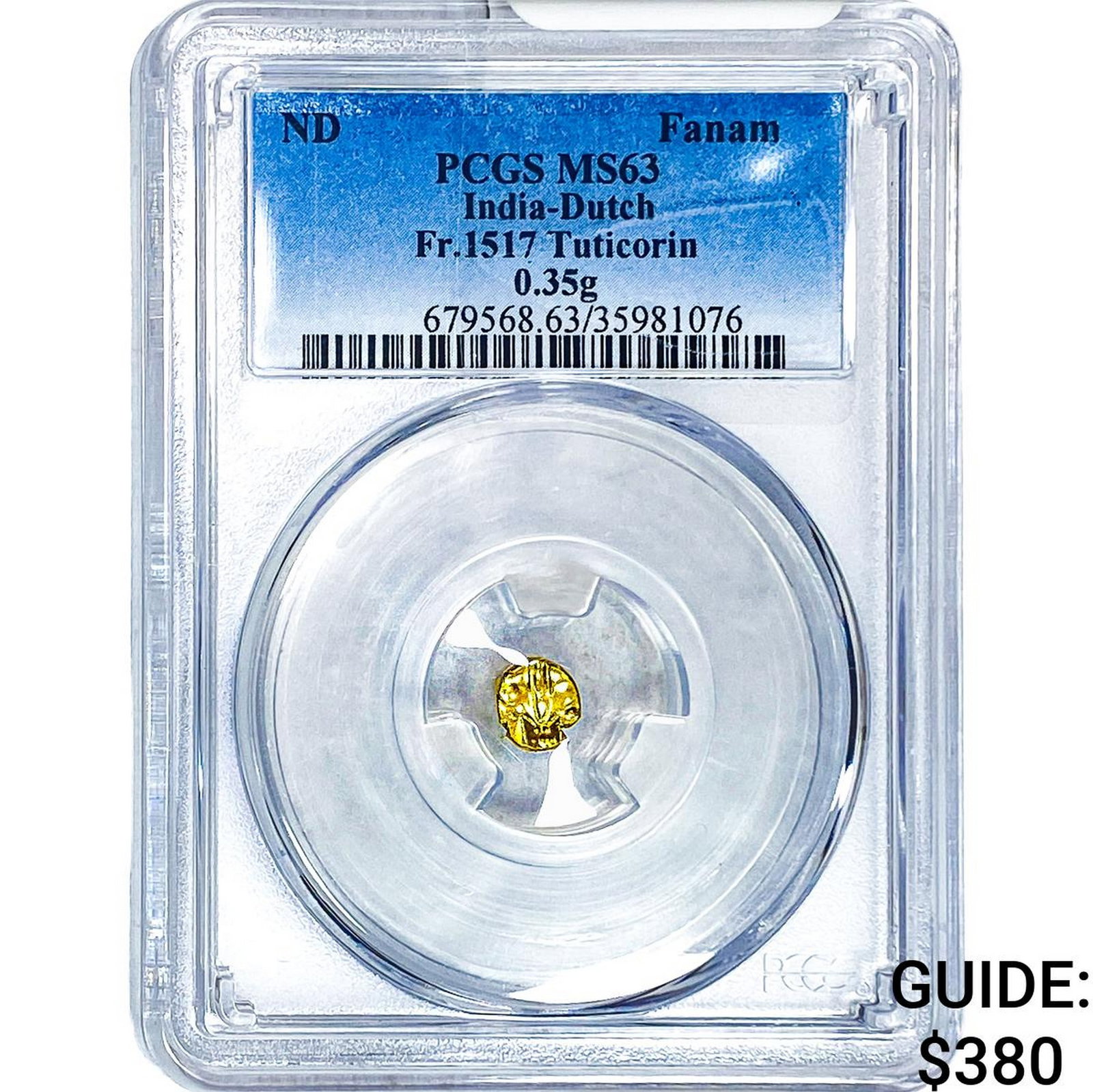 India-Dutch Gold .35g Fanam Fr.1517 Tuticorin PCGS: India-Dutch Gold .35g Fanam Fr.1517 Tuticorin PCGS