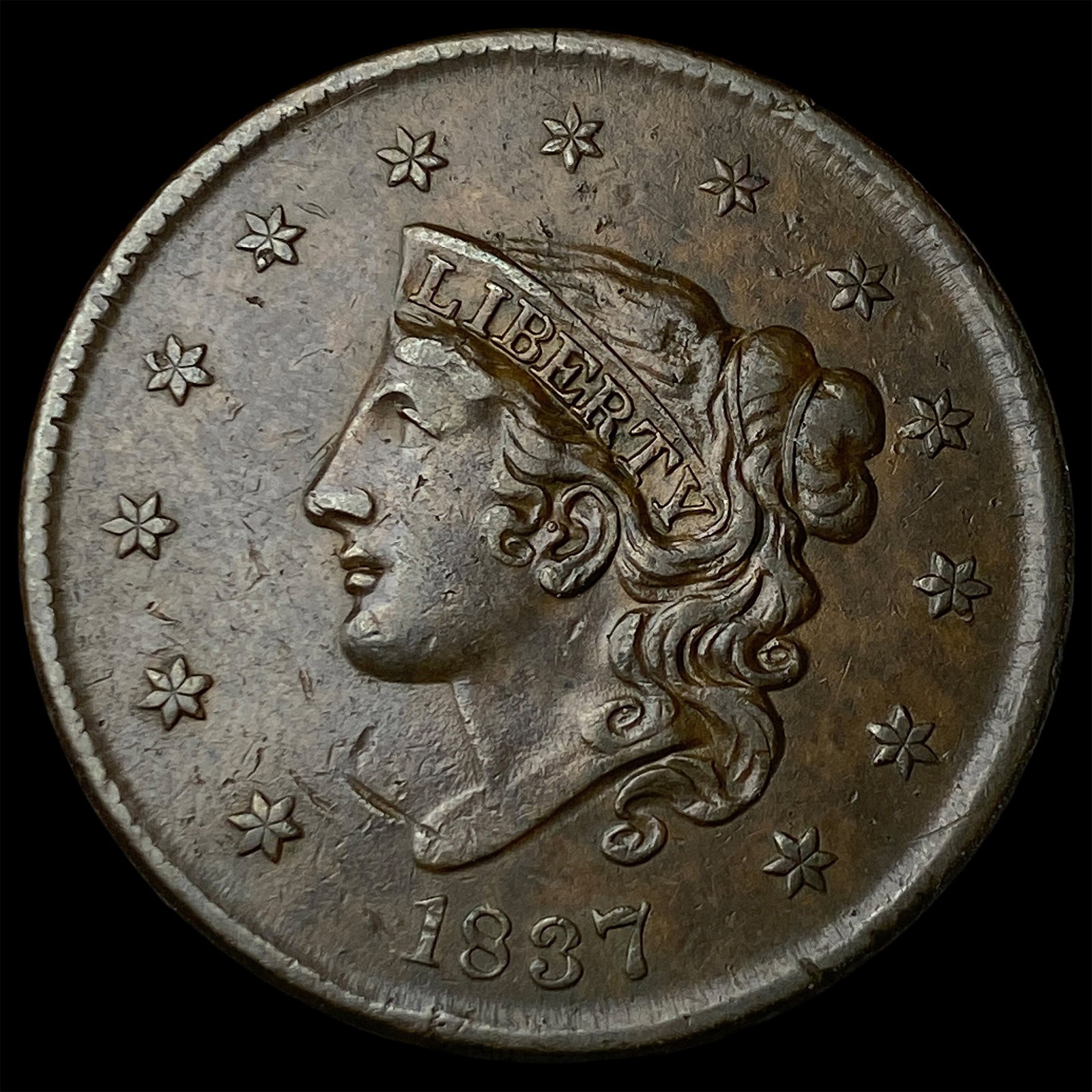 1837 Med. Letters Coronet Head Large Cent CLOSELY UNCIRCULATED: 1837 Med. Letters Coronet Head Large Cent CLOSELY UNCIRCULATED