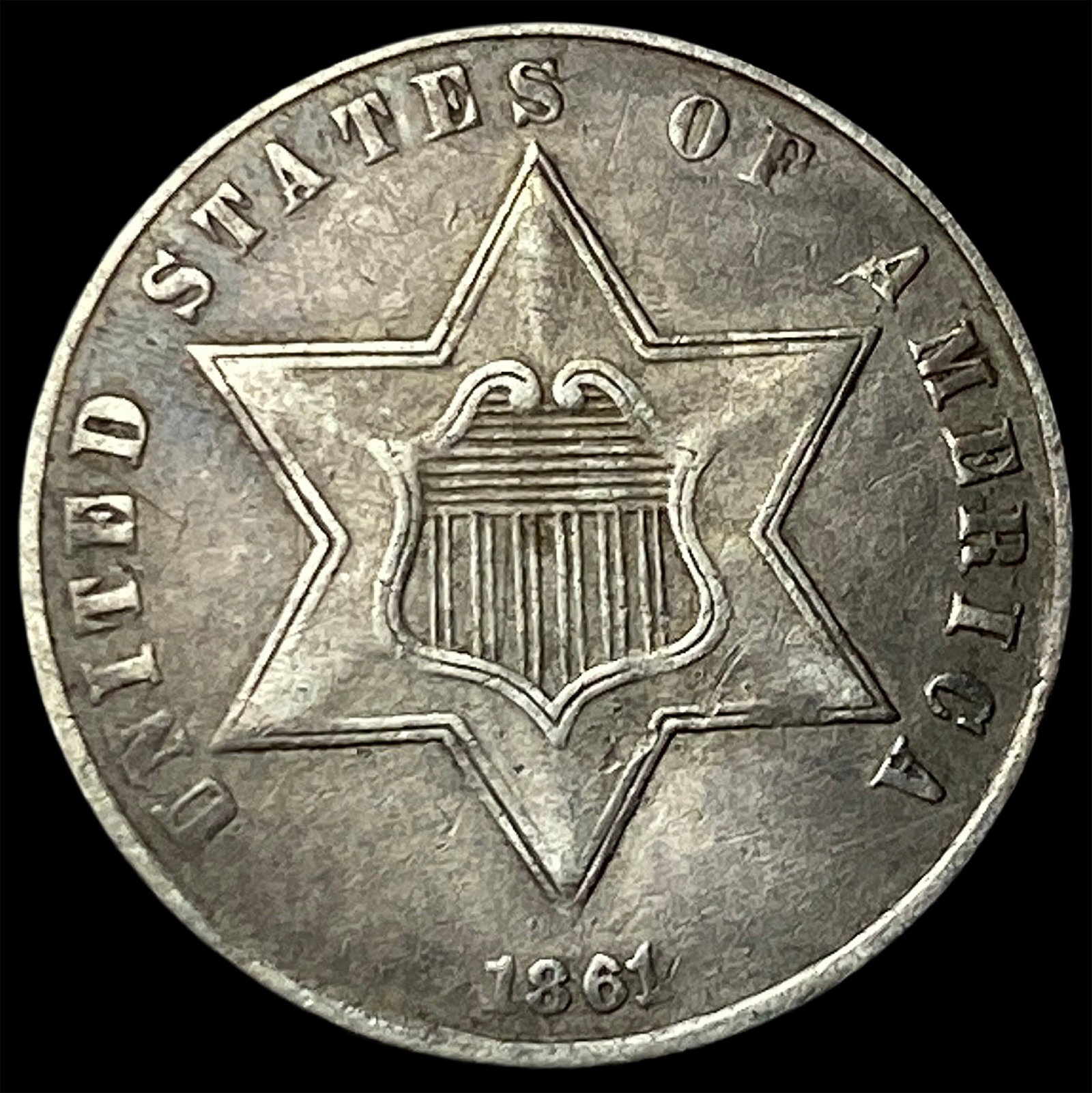 1861 Silver Three-Cent Piece CLOSELY UNCIRCULATED: 1861 Silver Three-Cent Piece CLOSELY UNCIRCULATED