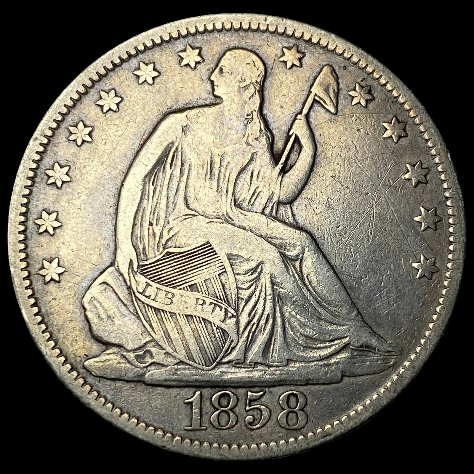 1858-O Silver Seated Liberty Half Dollar NEARLY UNCIRCULATED: 1858-O Silver Seated Liberty Half Dollar NEARLY UNCIRCULATED