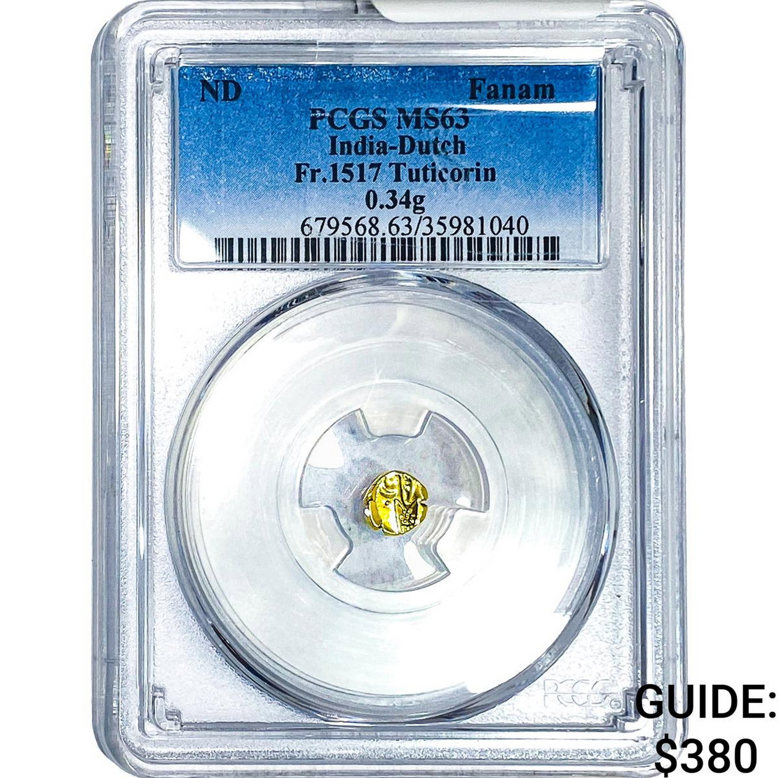 India-Dutch Gold .34g Fanam Fr.1517 Tuticorin PCGS: India-Dutch Gold .34g Fanam Fr.1517 Tuticorin PCGS