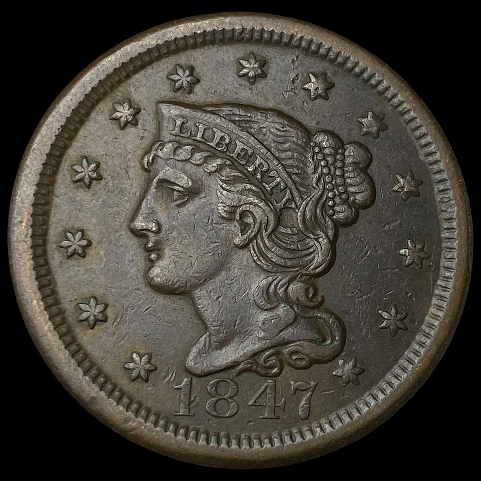 1847 Braided Hair Large Cent CLOSELY UNCIRCULATED: 1847 Braided Hair Large Cent CLOSELY UNCIRCULATED