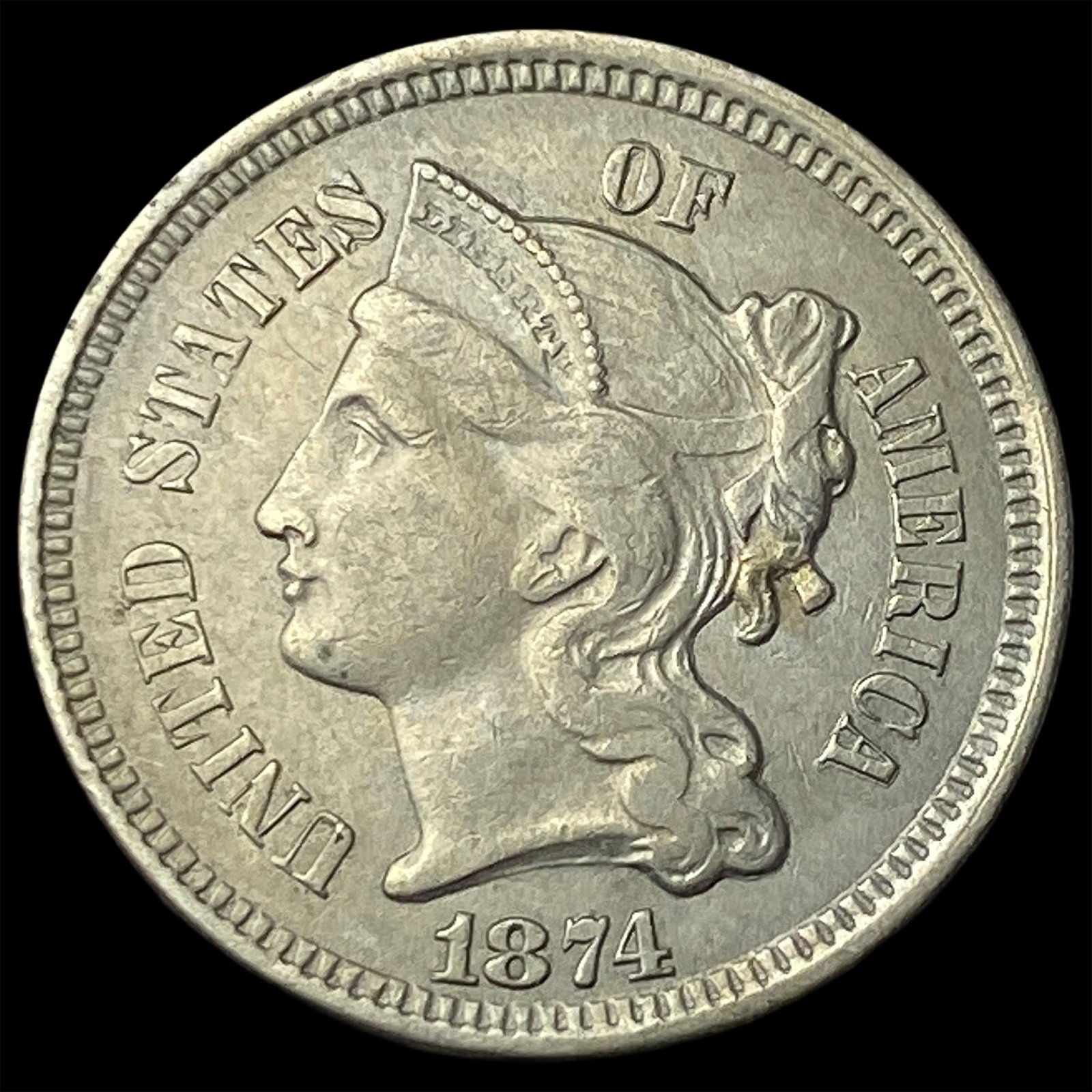 1874 Nickel Three-Cent Piece CHOICE AU: 1874 Nickel Three-Cent Piece CHOICE AU
