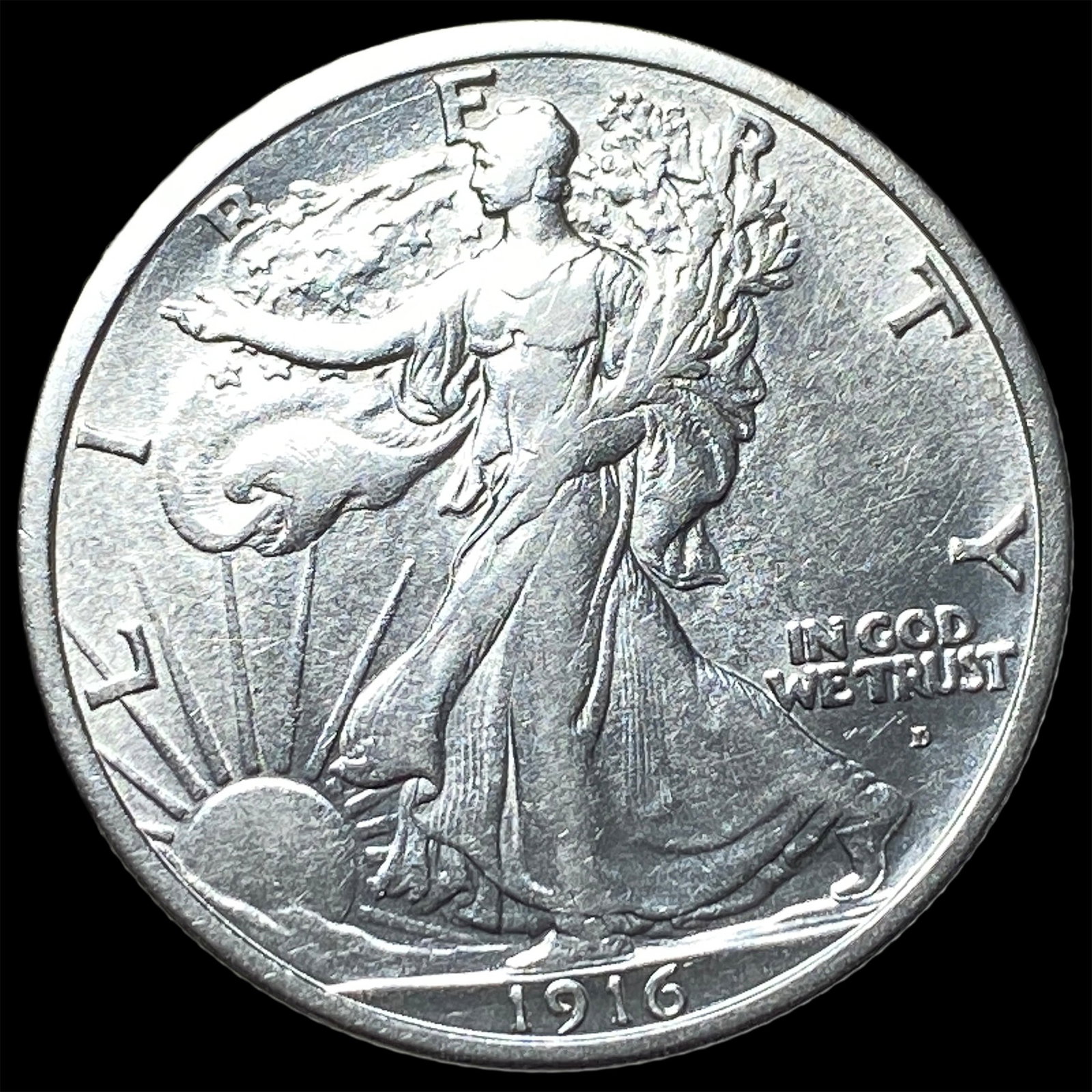 1916-D Silver Walking Liberty Half Dollar CLOSELY UNCIRCULATED: 1916-D Silver Walking Liberty Half Dollar CLOSELY UNCIRCULATED