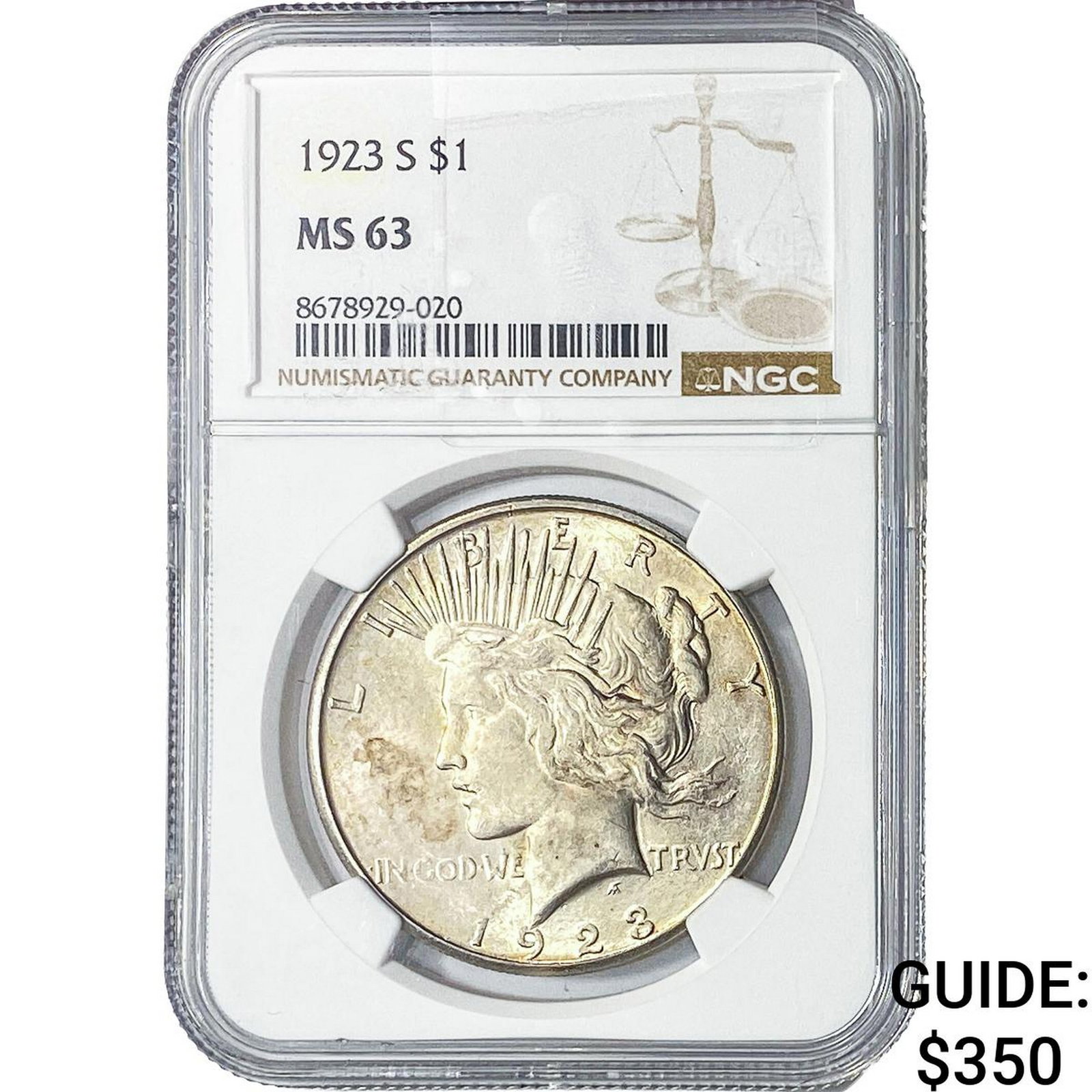 1923-S Silver Peace Dollar NGC MS63: 1923-S Silver Peace Dollar NGC MS63