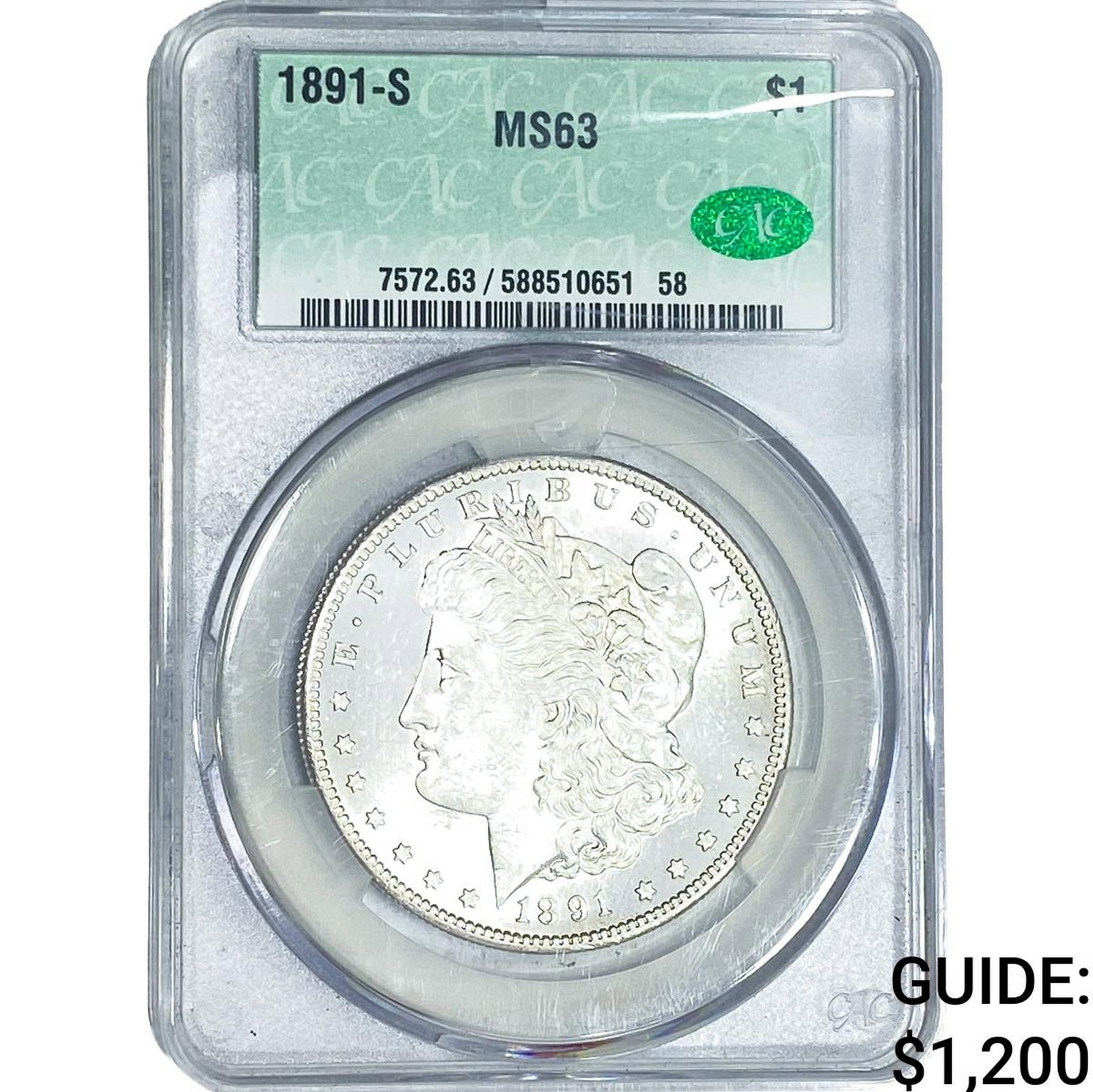 1891-S Morgan Silver Dollar CAC MS63: 1891-S Morgan Silver Dollar CAC MS63