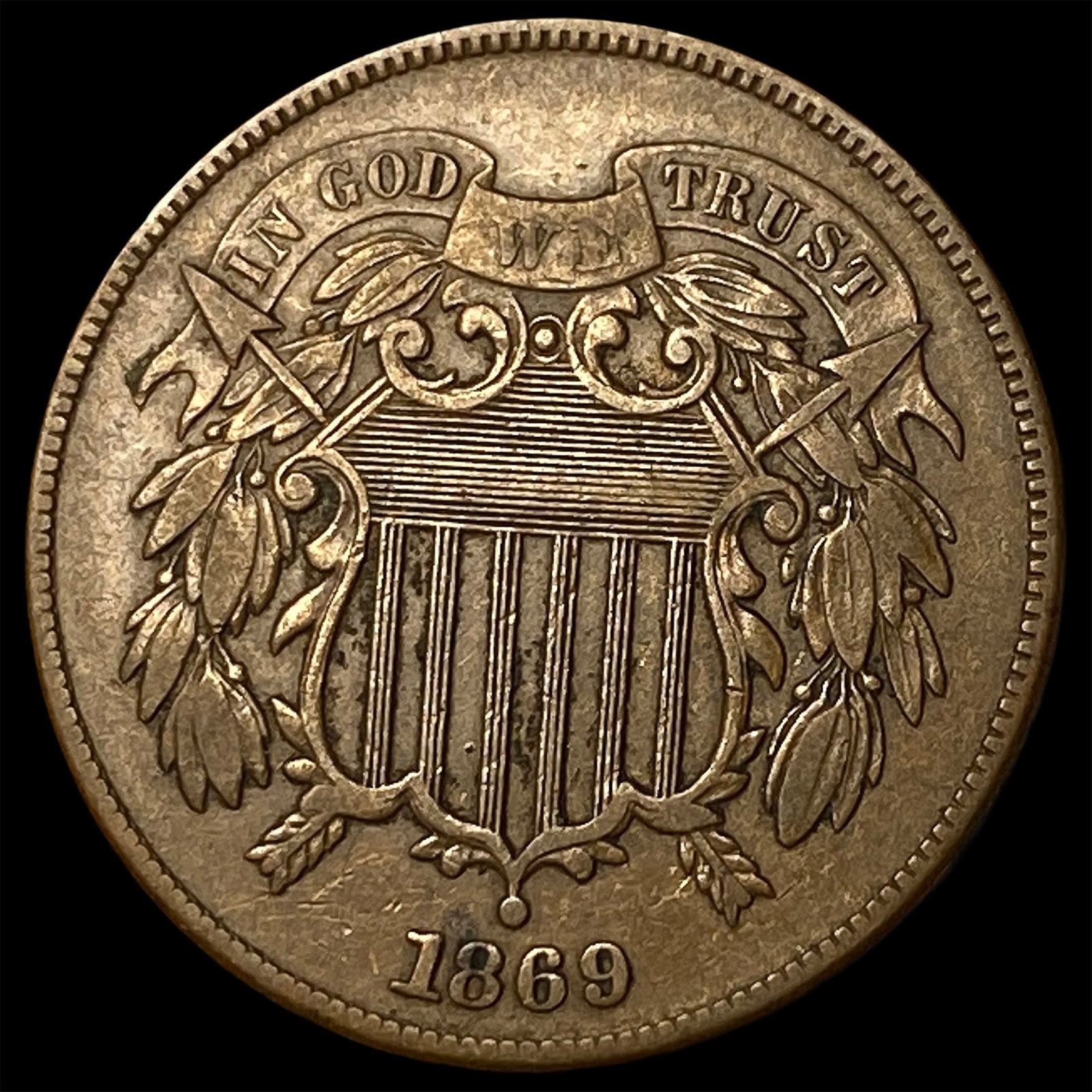 1869 Bronze Two-Cent Piece ABOUT UNCIRCULATED: 1869 Bronze Two-Cent Piece ABOUT UNCIRCULATED