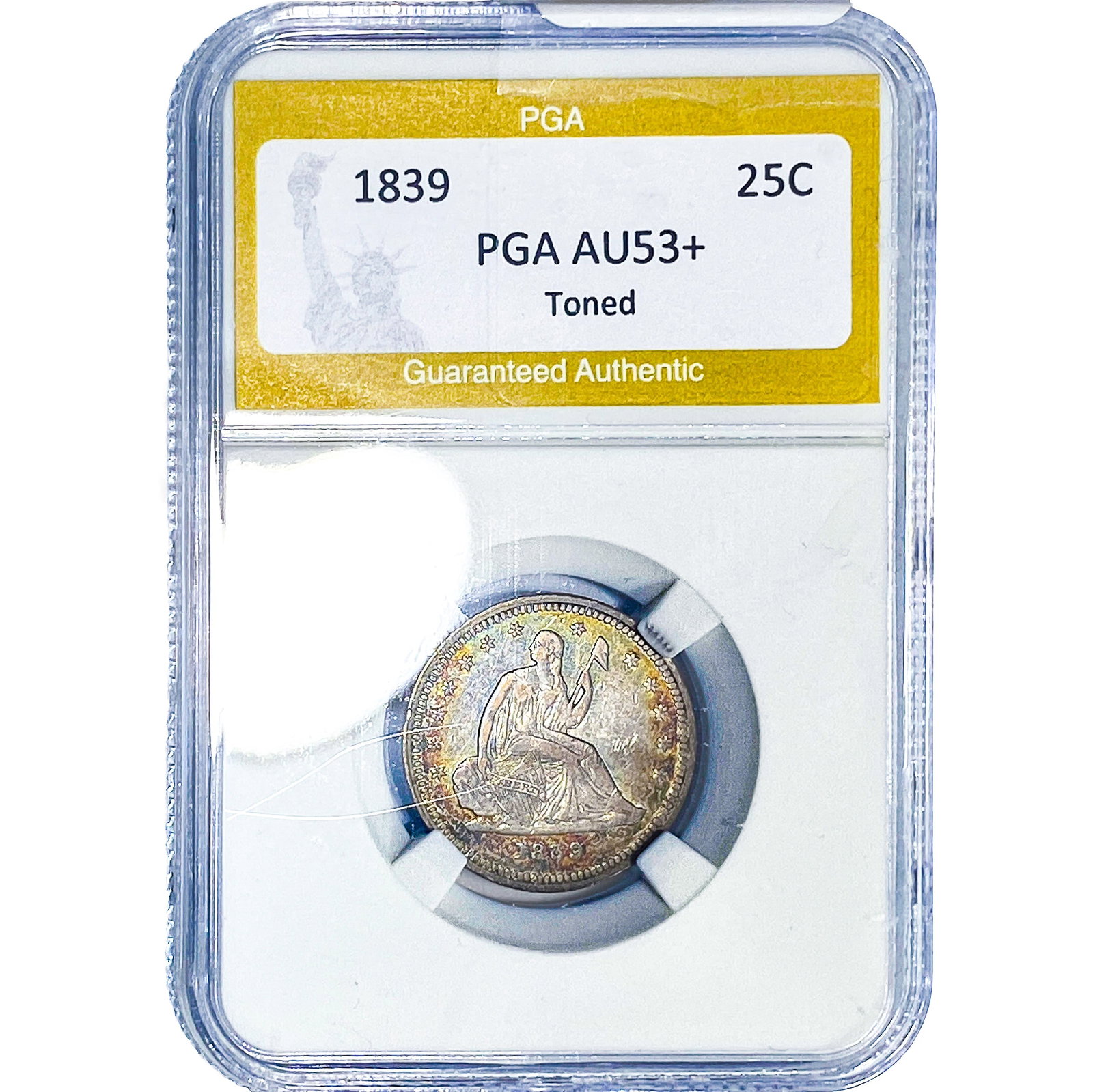 1839 Seated Liberty Quarter PGA AU53+ Toned (1 of 2)