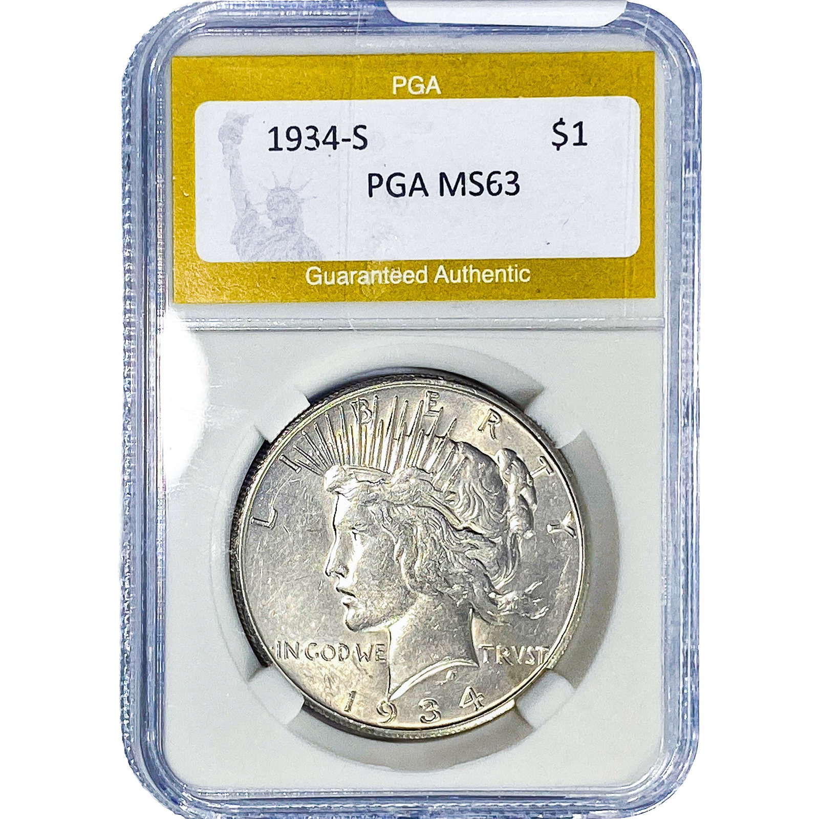 1934-S Silver Peace Dollar PGA MS63: 1934-S Silver Peace Dollar PGA MS63