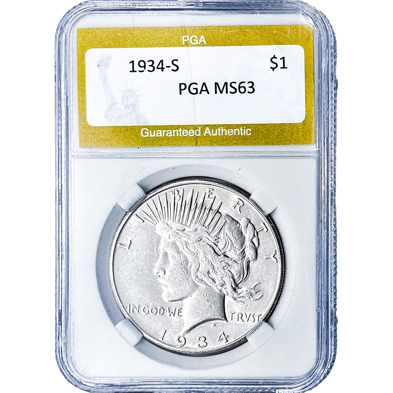 1934-S Silver Peace Dollar PGA MS63: 1934-S Silver Peace Dollar PGA MS63