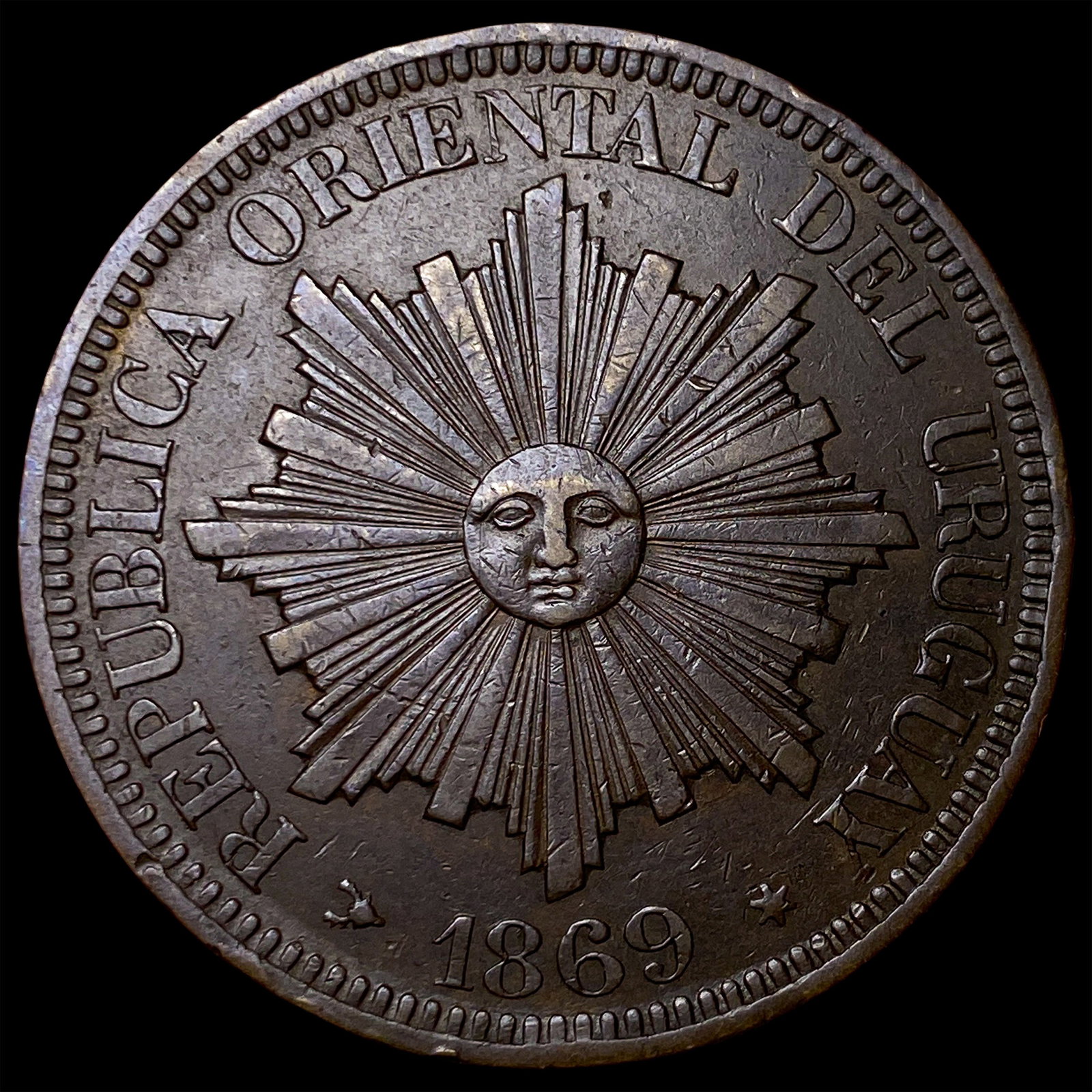1869 Uruguay Bronze 4 Centesimos (1 of 2)