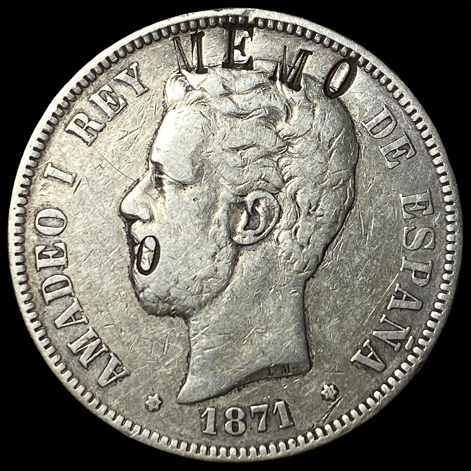 1871 Spain Silver 5 Pesetas Amadeo I HIGH GRADE (1 of 2)