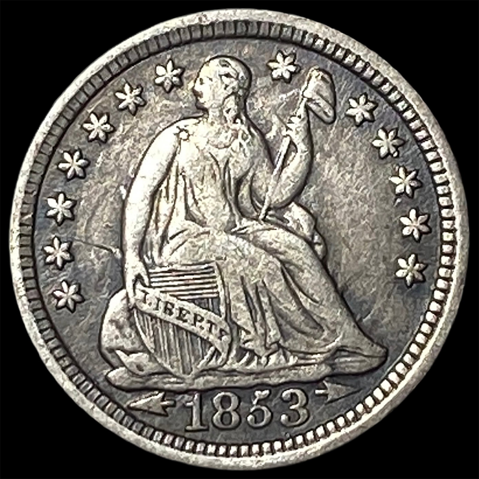1853 Arrows Seated Liberty Half Dime NEARLY UNCIRCULATED: 1853 Arrows Seated Liberty Half Dime NEARLY UNCIRCULATED