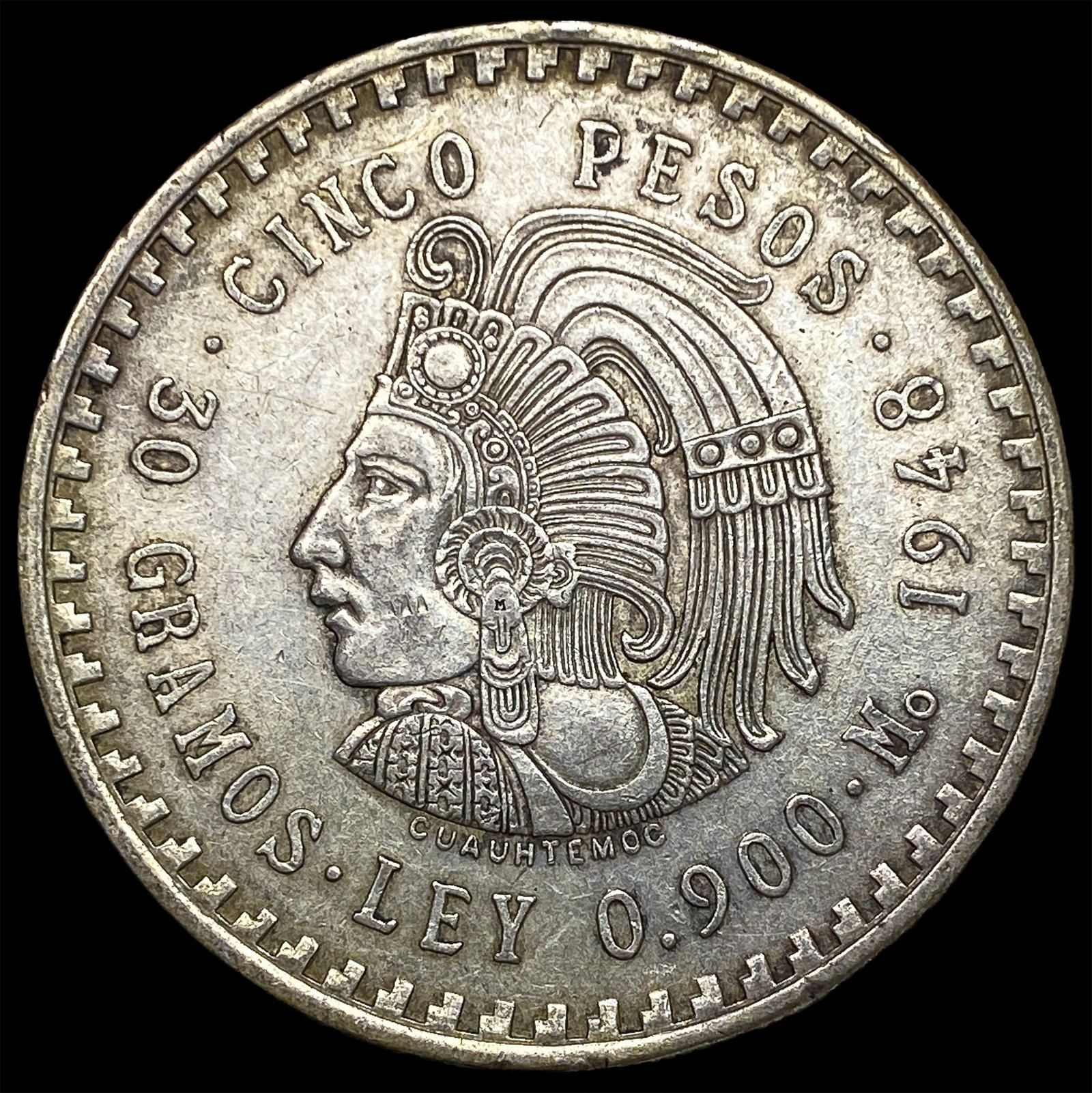 1948 Mexico Silver 5 Pesos CuauhtÃ©moc NEARLY UNCIRCULATED (1 of 2)