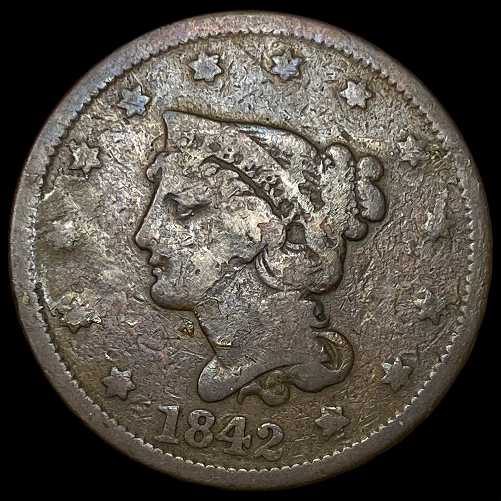 1842 Braided Hair Large Cent NICELY CIRCULATED: 1842 Braided Hair Large Cent NICELY CIRCULATED