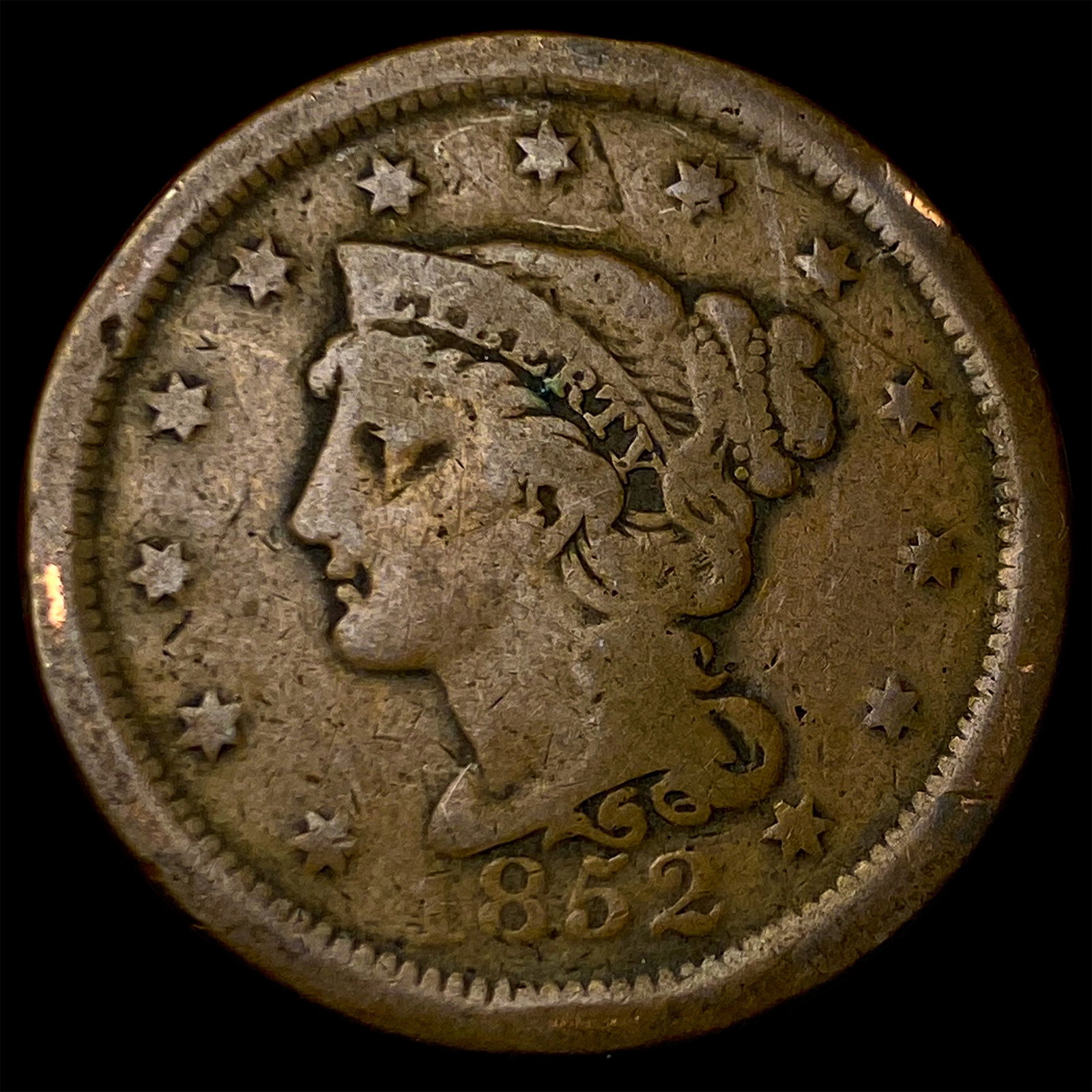 1852 Braided Hair Large Cent NICELY CIRCULATED: 1852 Braided Hair Large Cent NICELY CIRCULATED