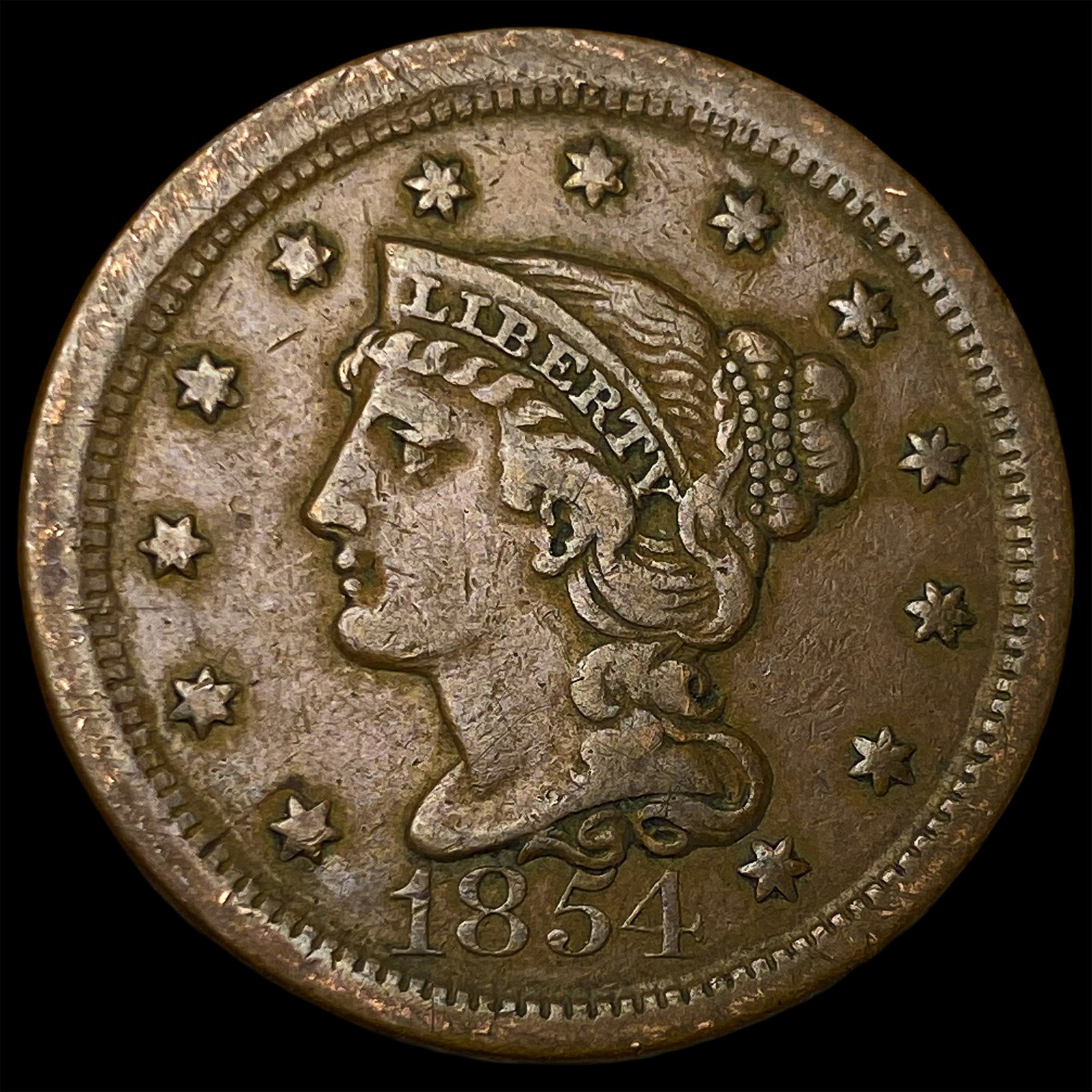 1854 Braided Hair Large Cent LIGHTLY CIRCULATED: 1854 Braided Hair Large Cent LIGHTLY CIRCULATED
